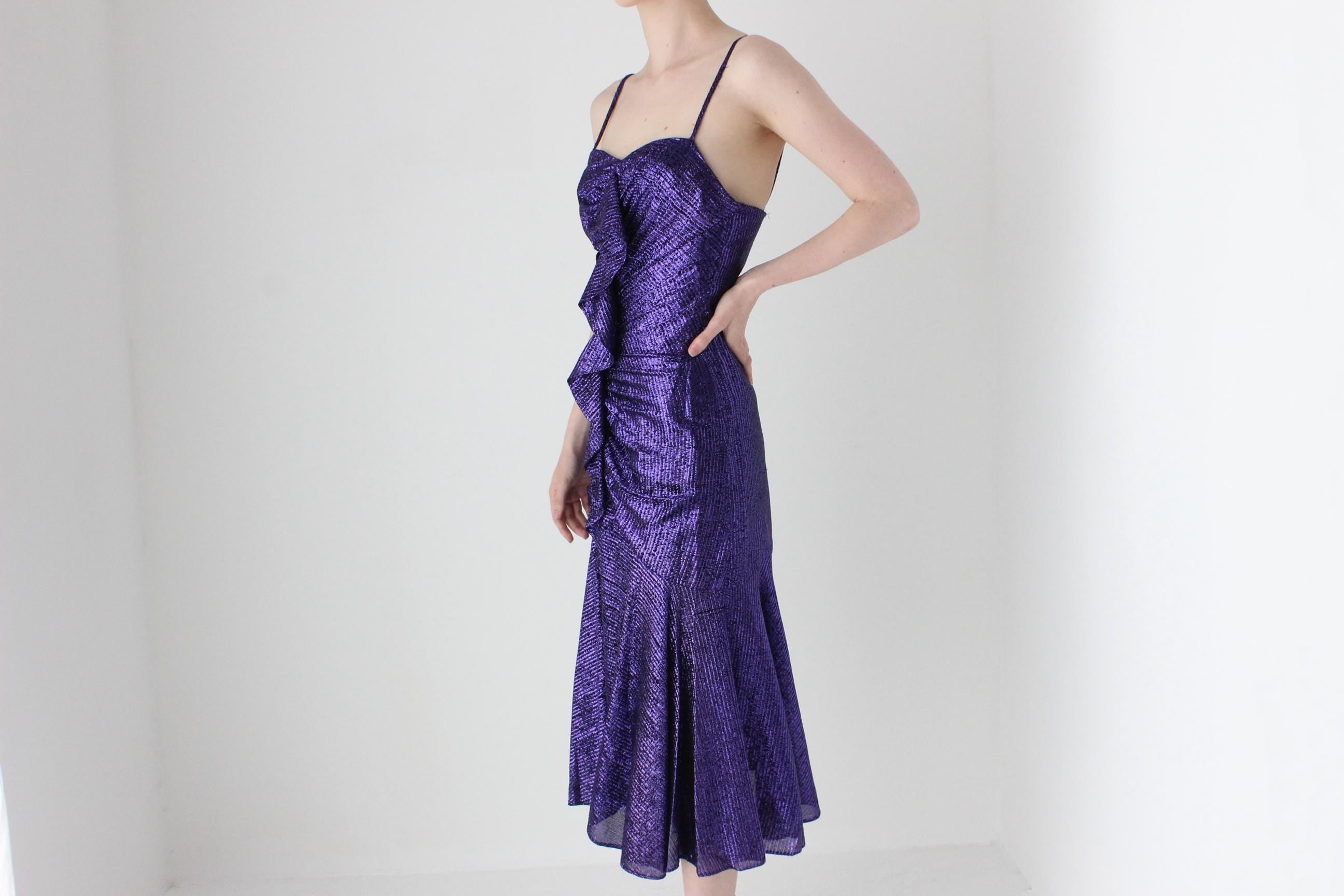 Stunning 80s Metallic Glitter Lurex Ruched Front Disco Dress