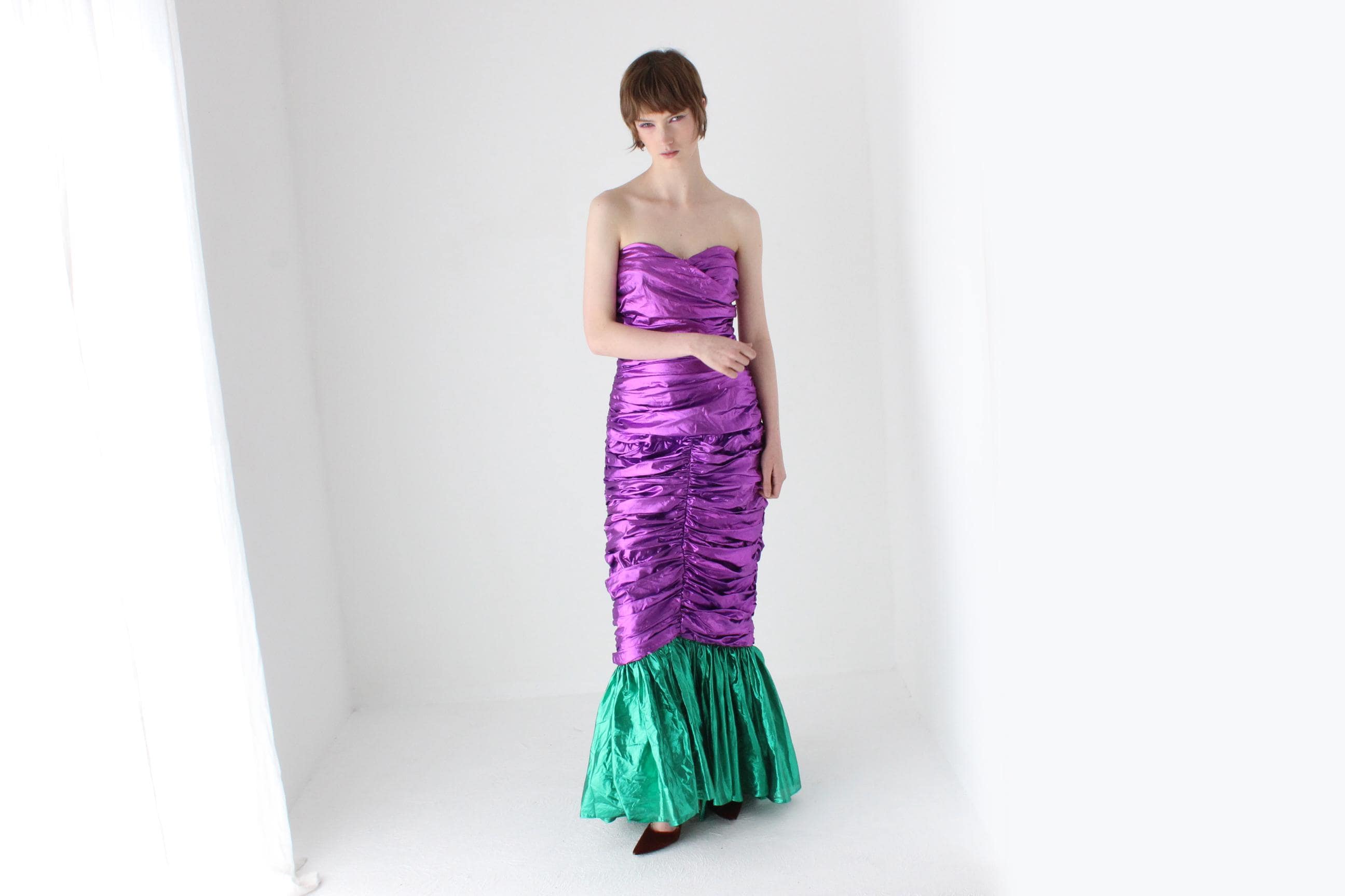 Outrageous 80s Metallic Purple Lamé Foil Strapless Party Dress