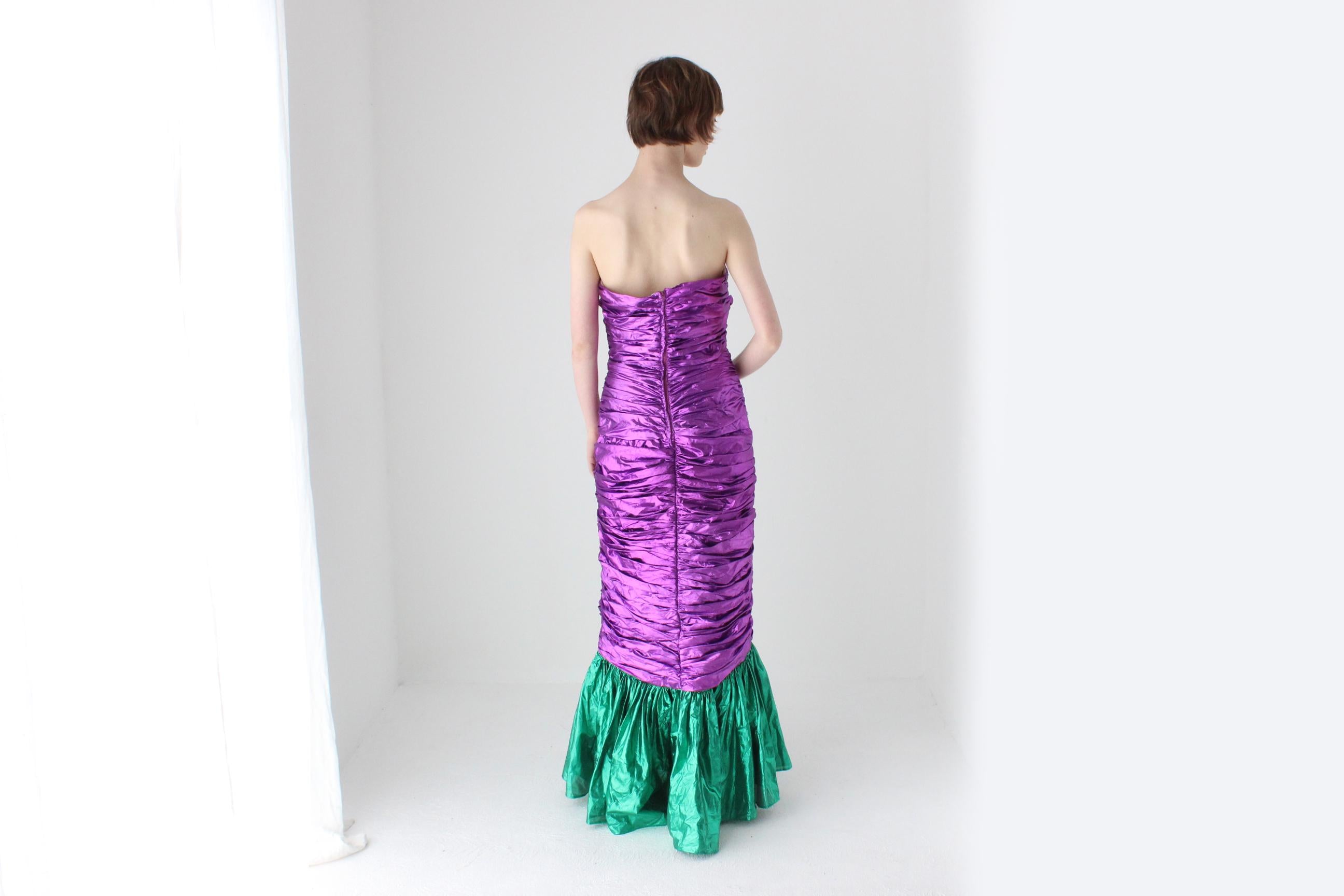 Outrageous 80s Metallic Purple Lamé Foil Strapless Party Dress