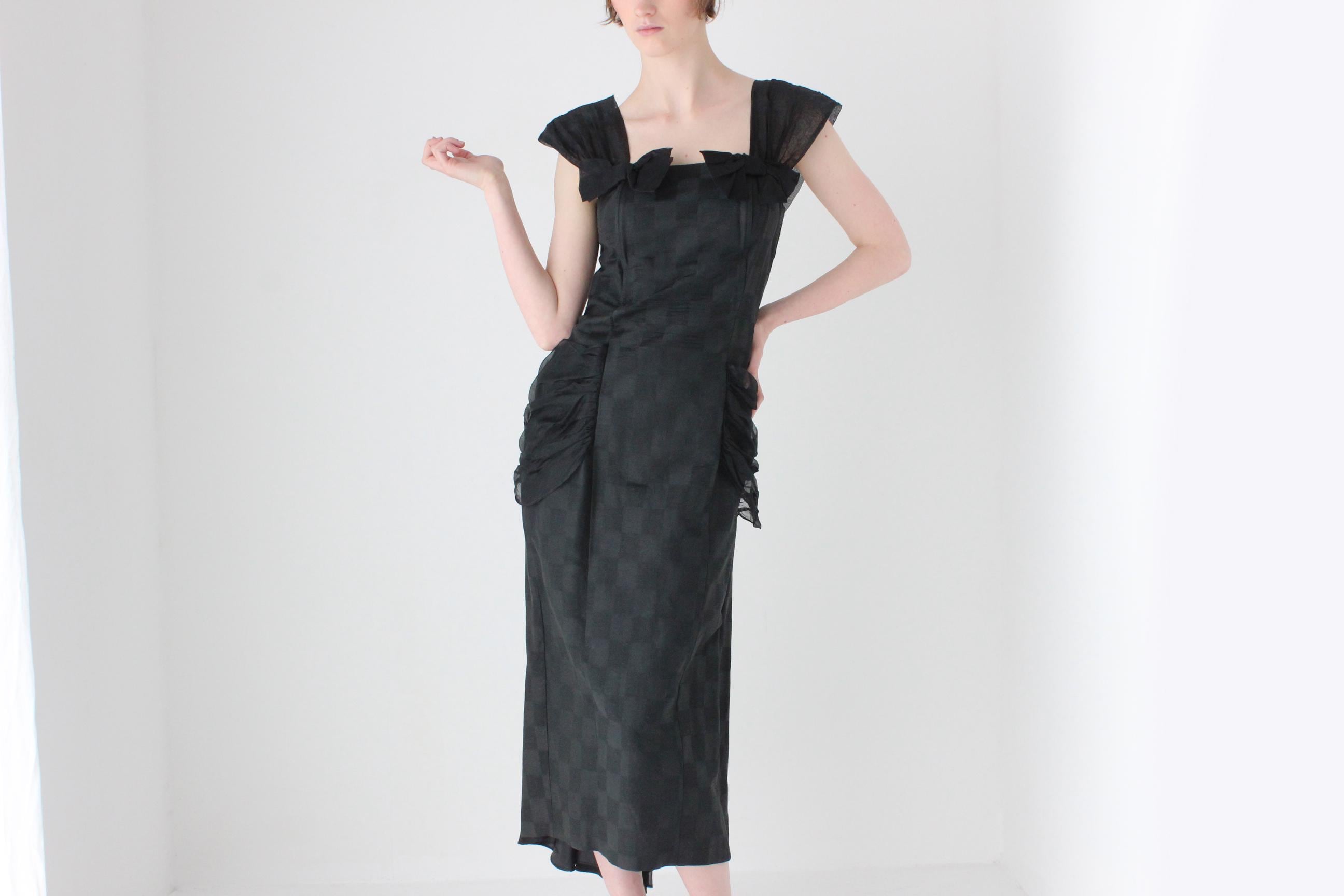 80s 'Shishi' Silk Organza & Checkered Cotton Hourglass Dress