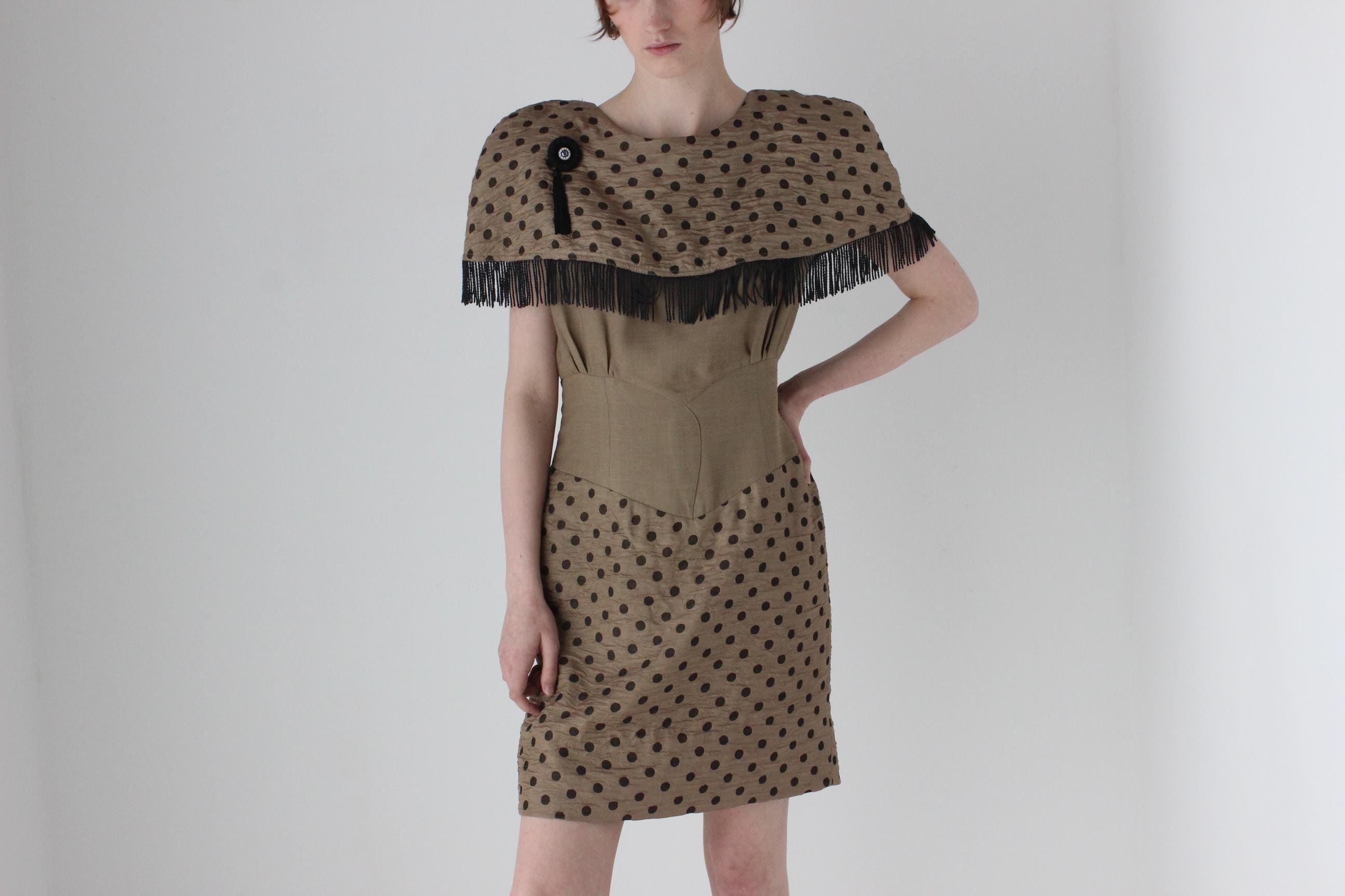 80s Textural Polka Dot Bold Shoulder Dress w/ Tassel Fringe