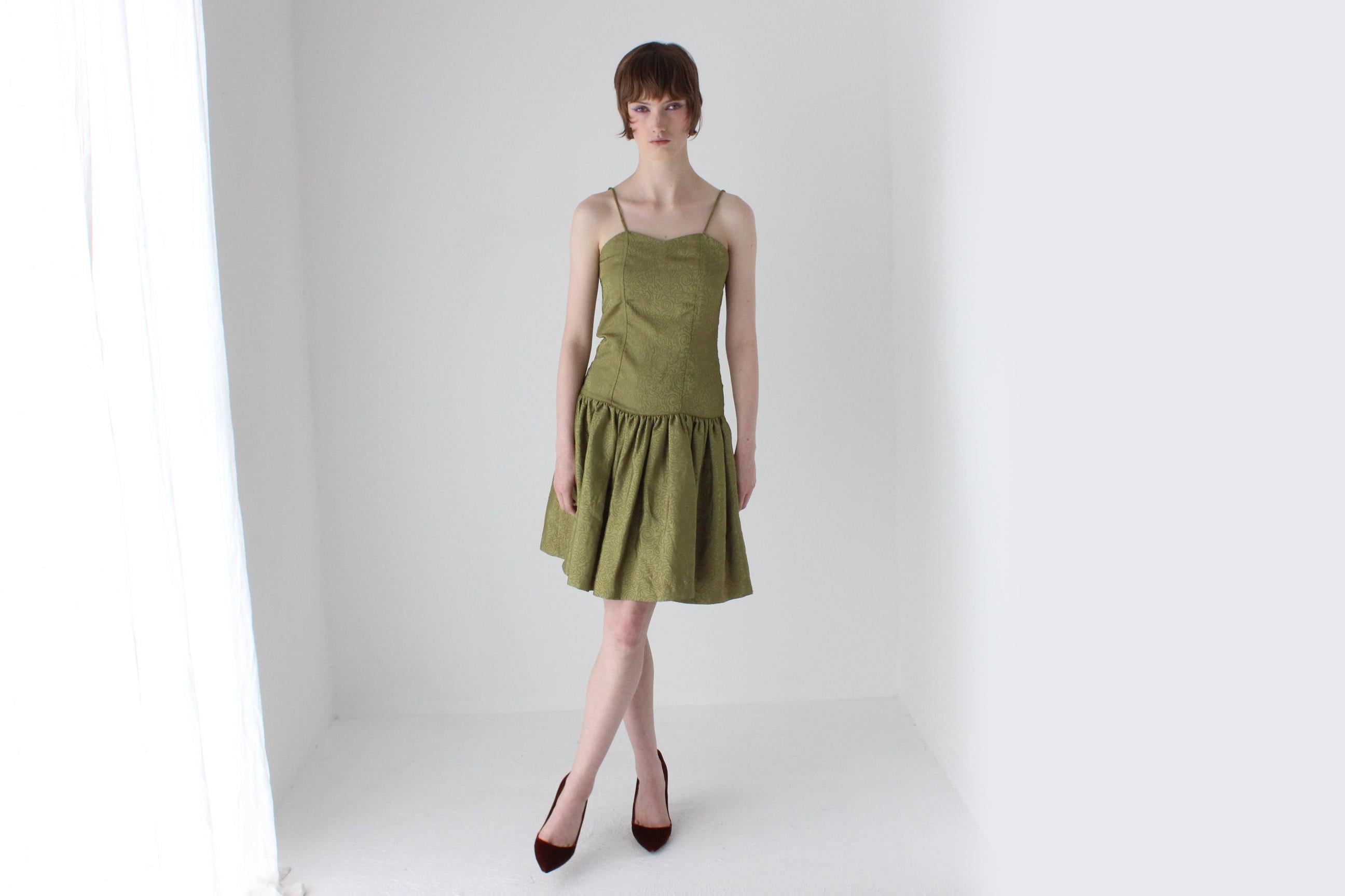 80s Olive Taffeta Mini Dress & Bolero Matching Set