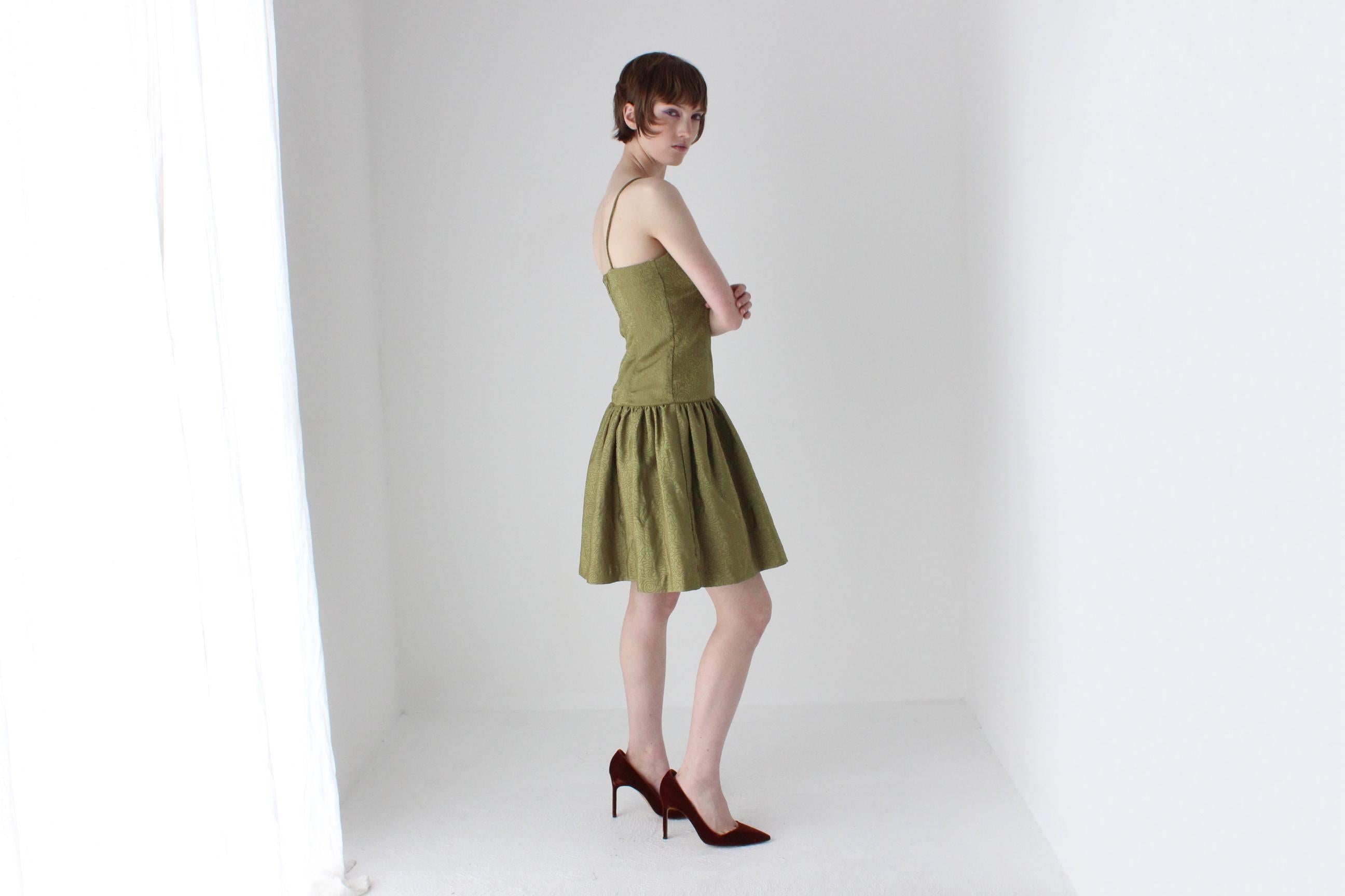 80s Olive Taffeta Mini Dress & Bolero Matching Set