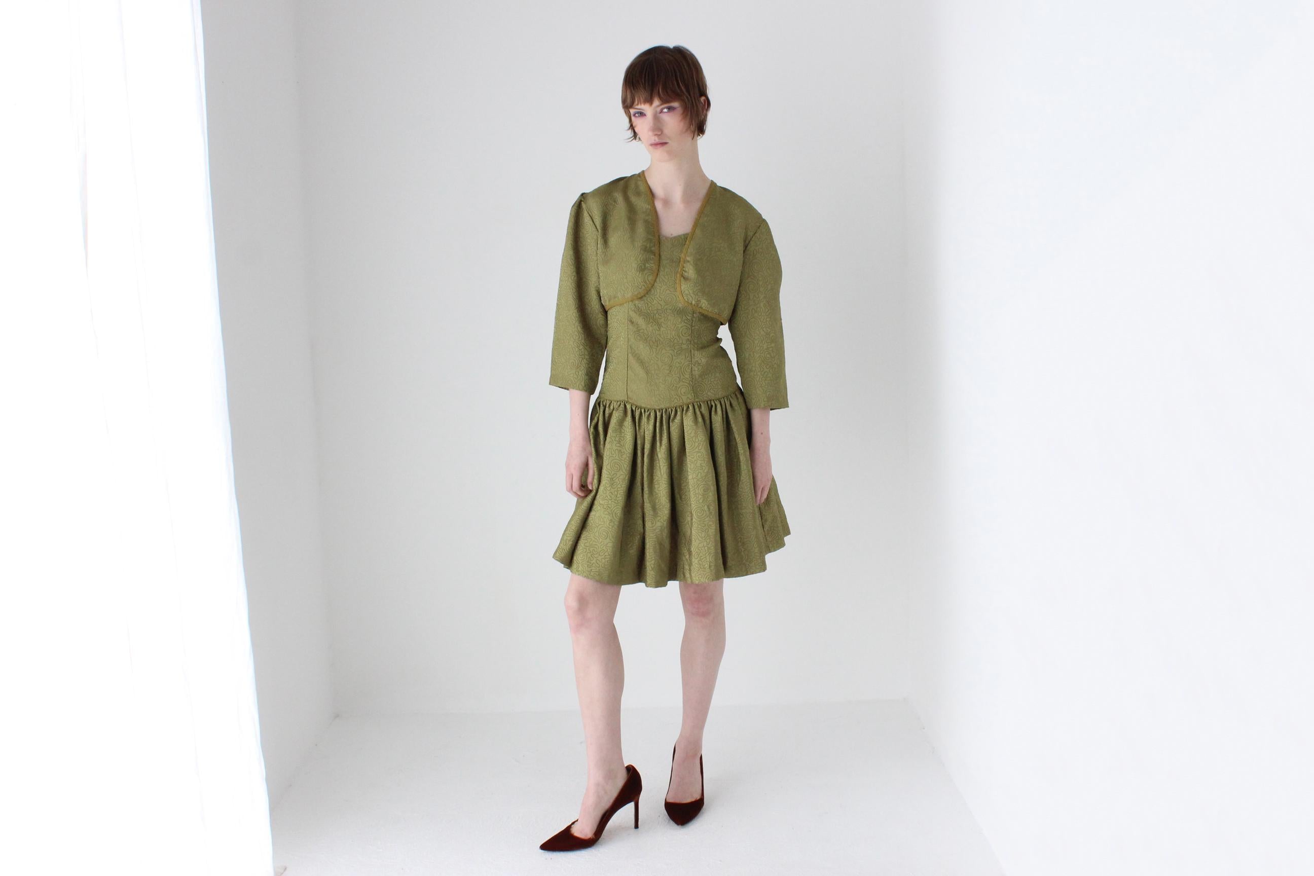 80s Olive Taffeta Mini Dress & Bolero Matching Set