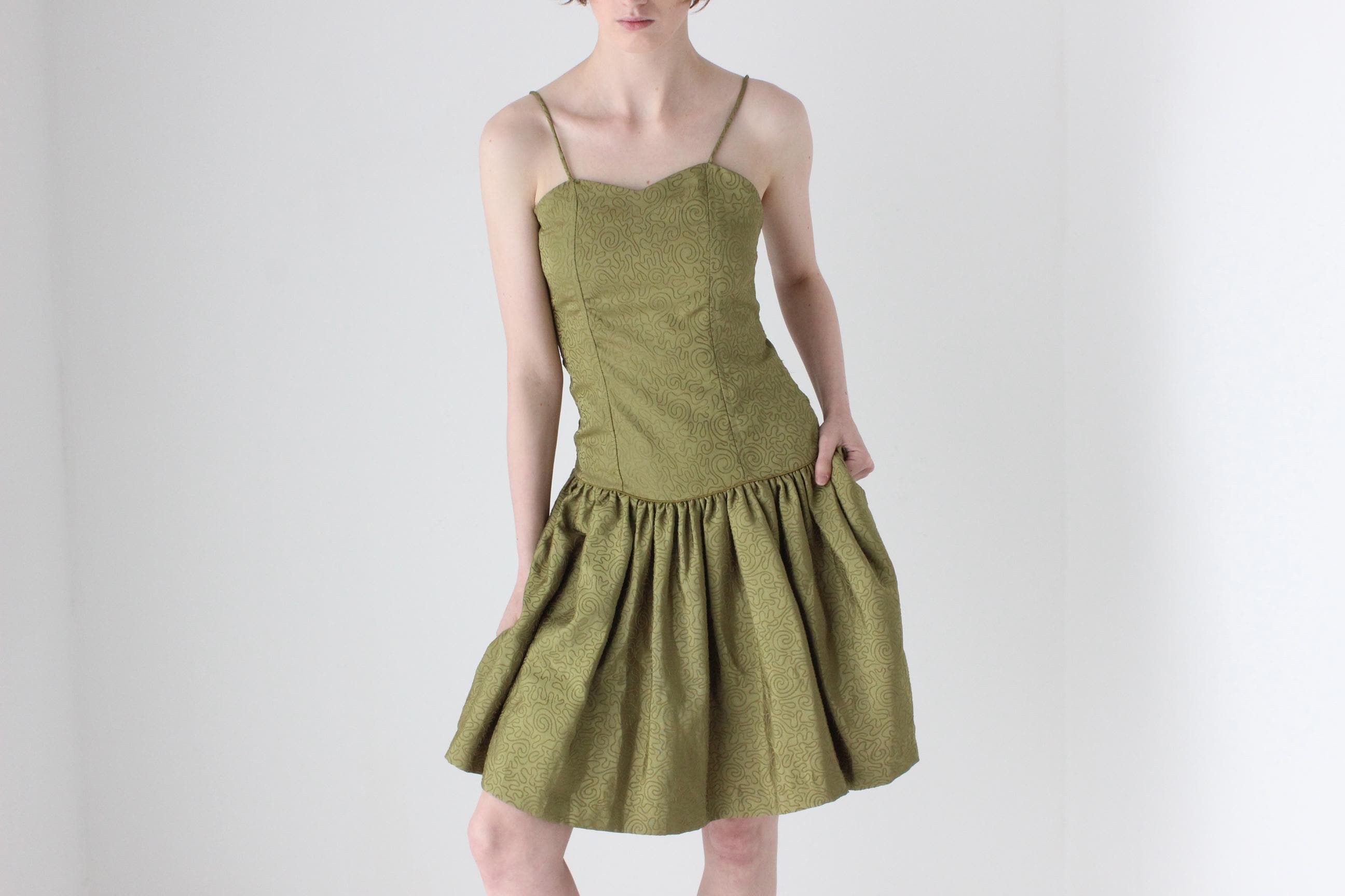 80s Olive Taffeta Mini Dress & Bolero Matching Set