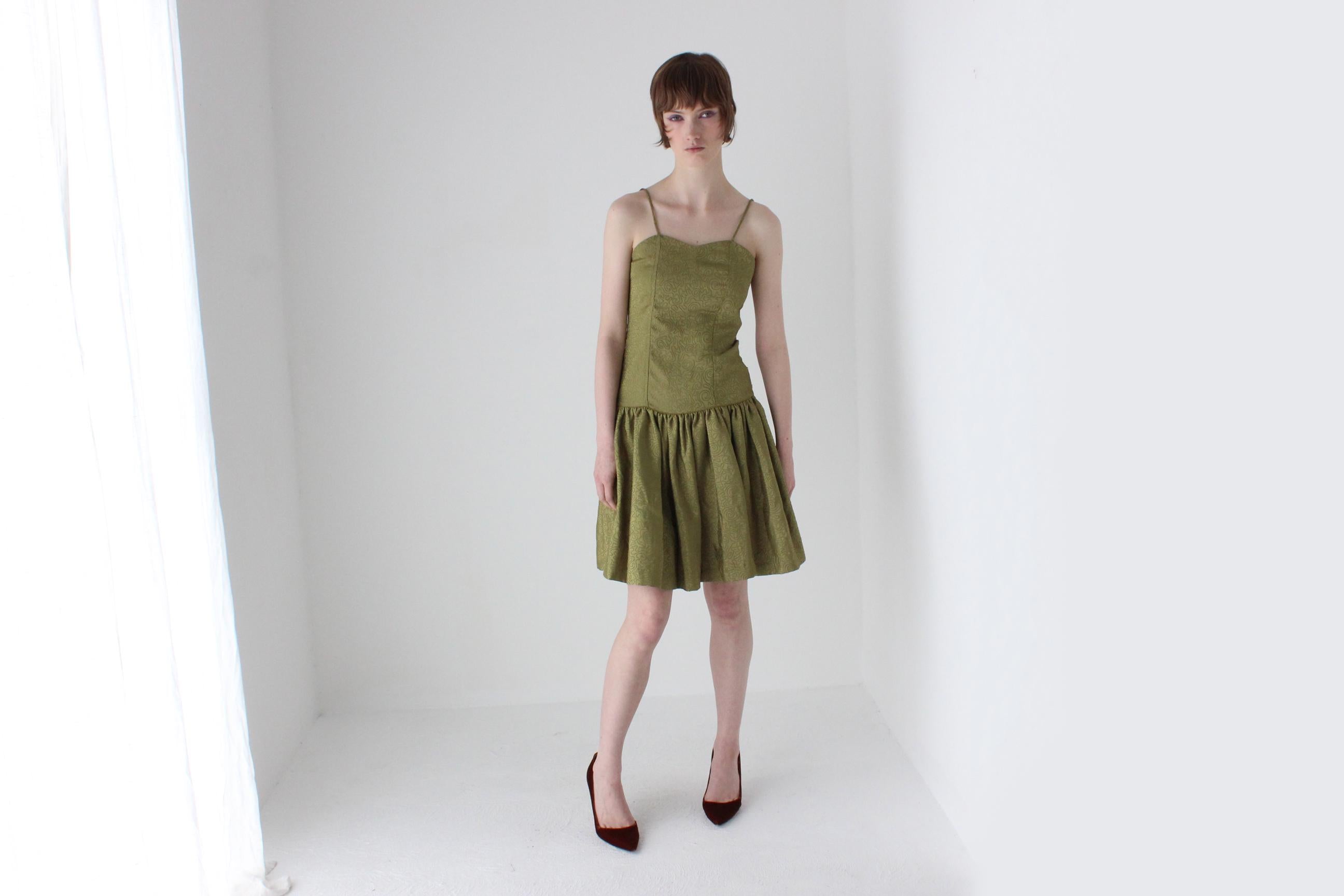 80s Olive Taffeta Mini Dress & Bolero Matching Set