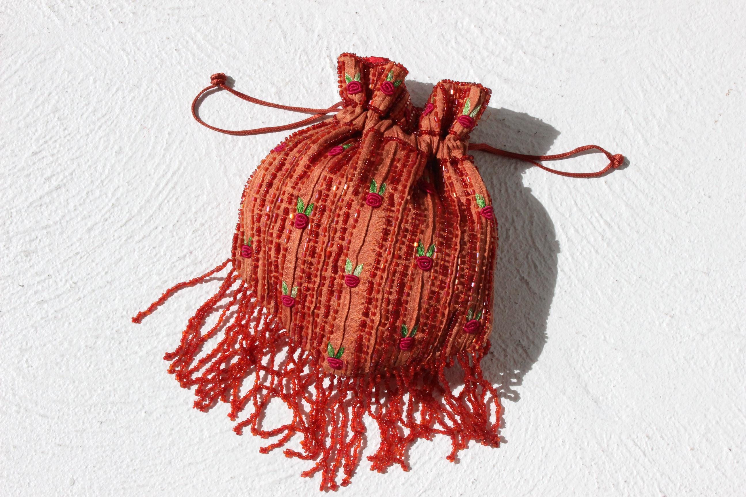 90s Does 20s Beaded Raw Silk Drawstring Evening Bag