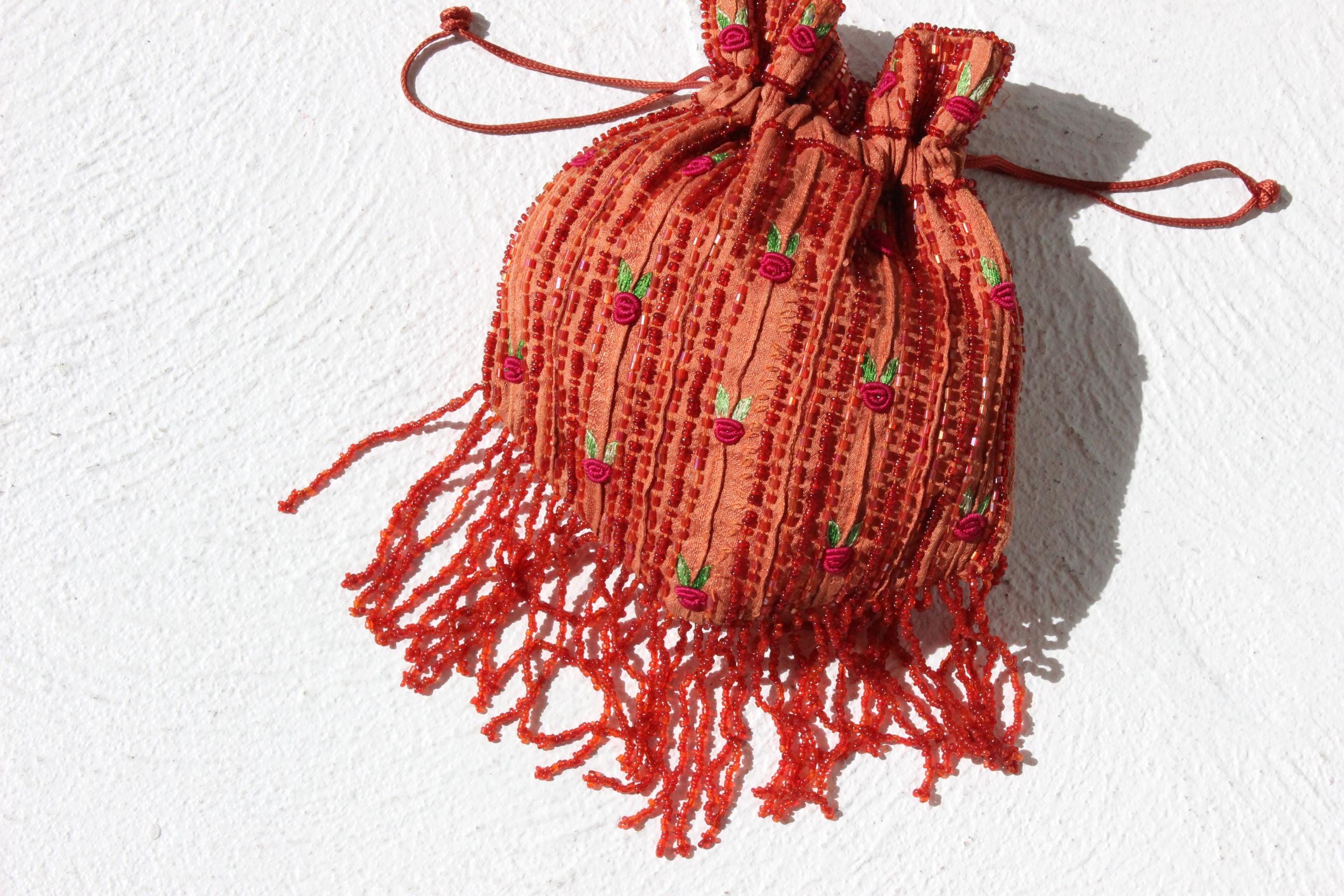 90s Does 20s Beaded Raw Silk Drawstring Evening Bag