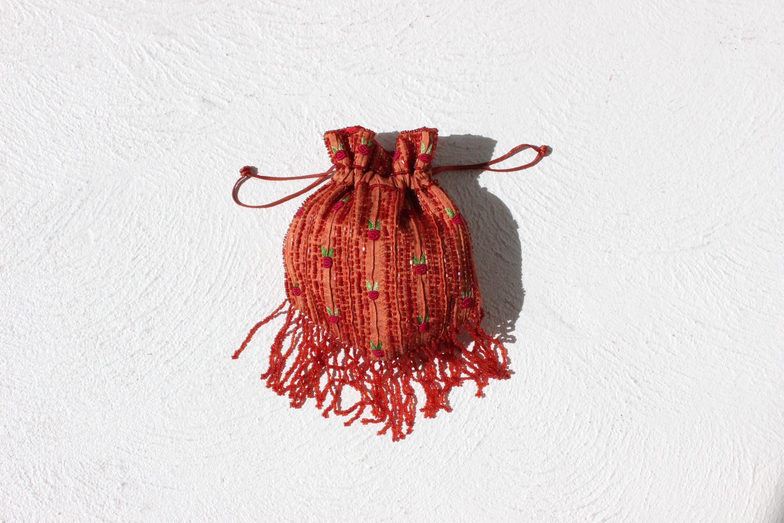 90s Does 20s Beaded Raw Silk Drawstring Evening Bag