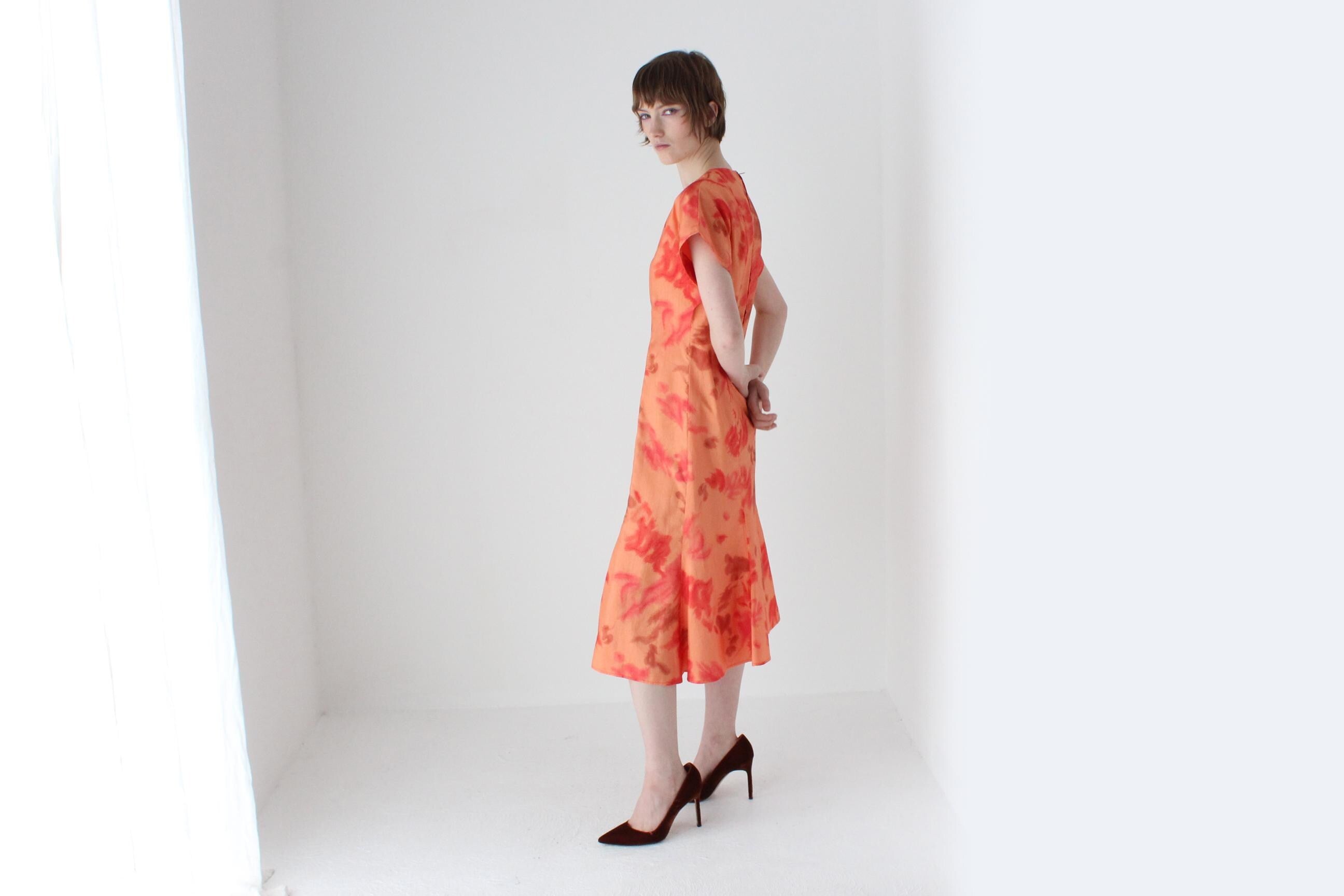 80s Mottled Orange Taffeta V Neck Party Dress