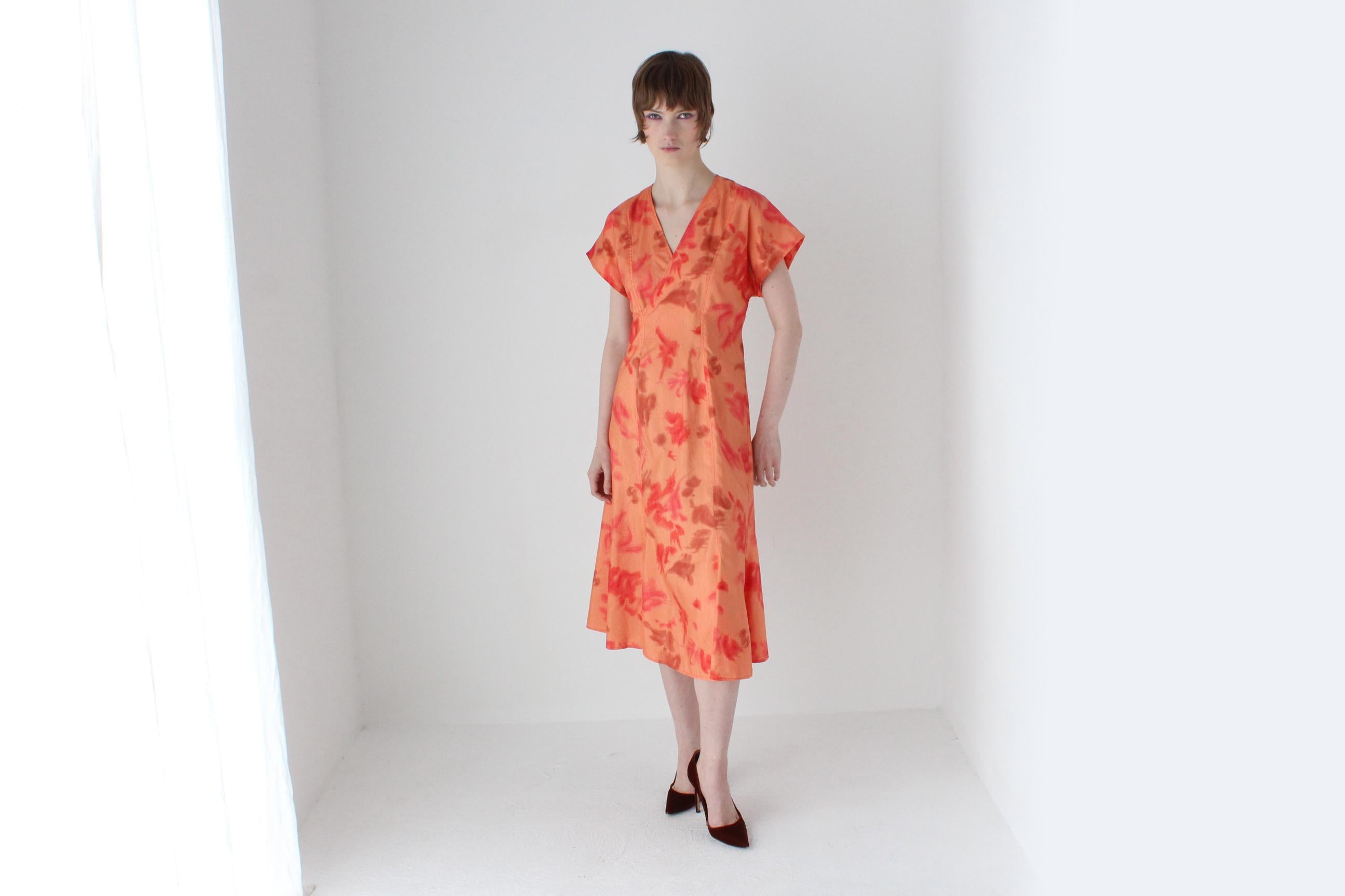 80s Mottled Orange Taffeta V Neck Party Dress