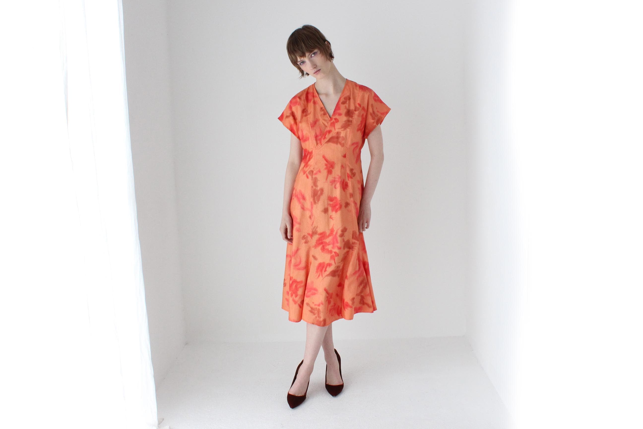 80s Mottled Orange Taffeta V Neck Party Dress