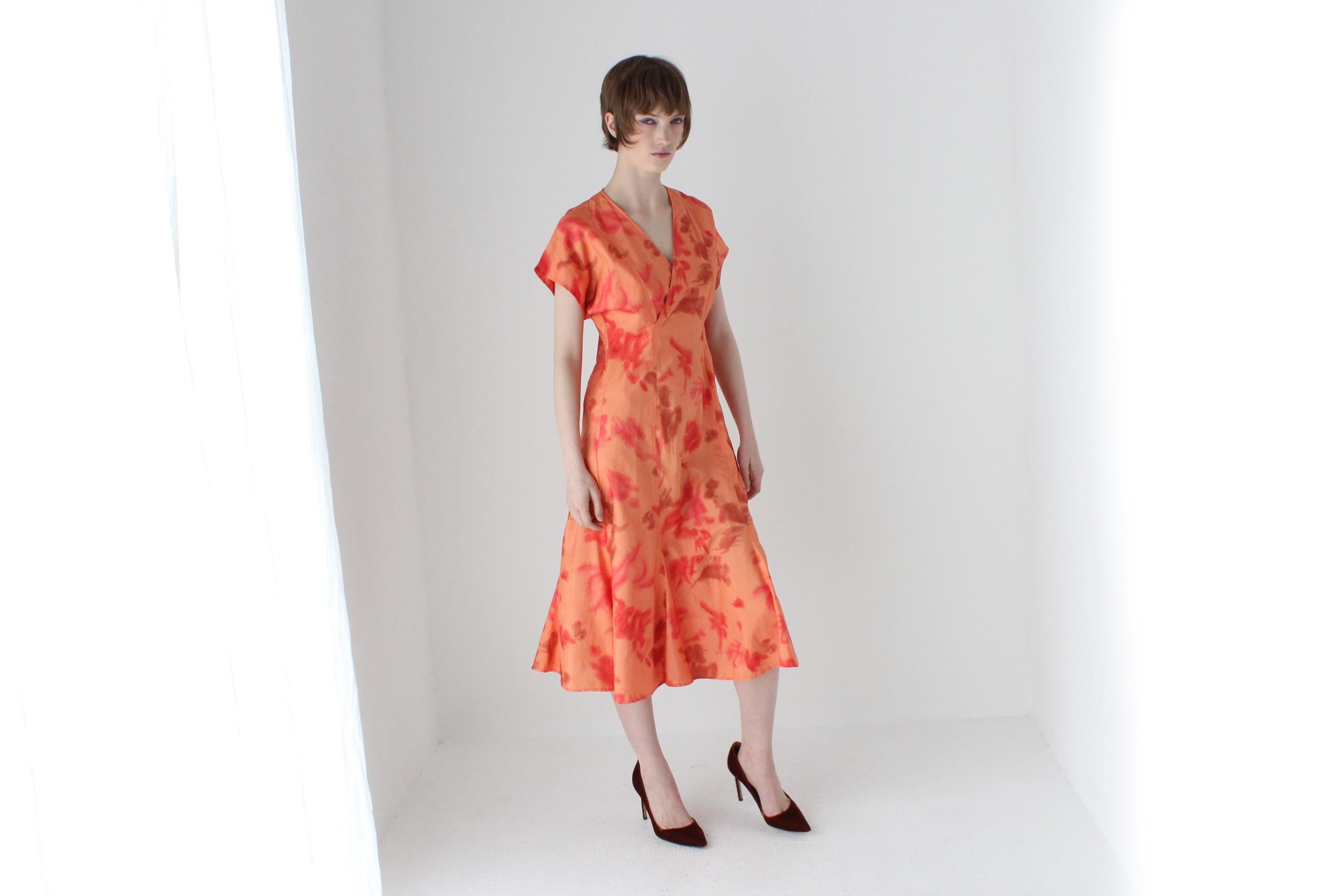 80s Mottled Orange Taffeta V Neck Party Dress