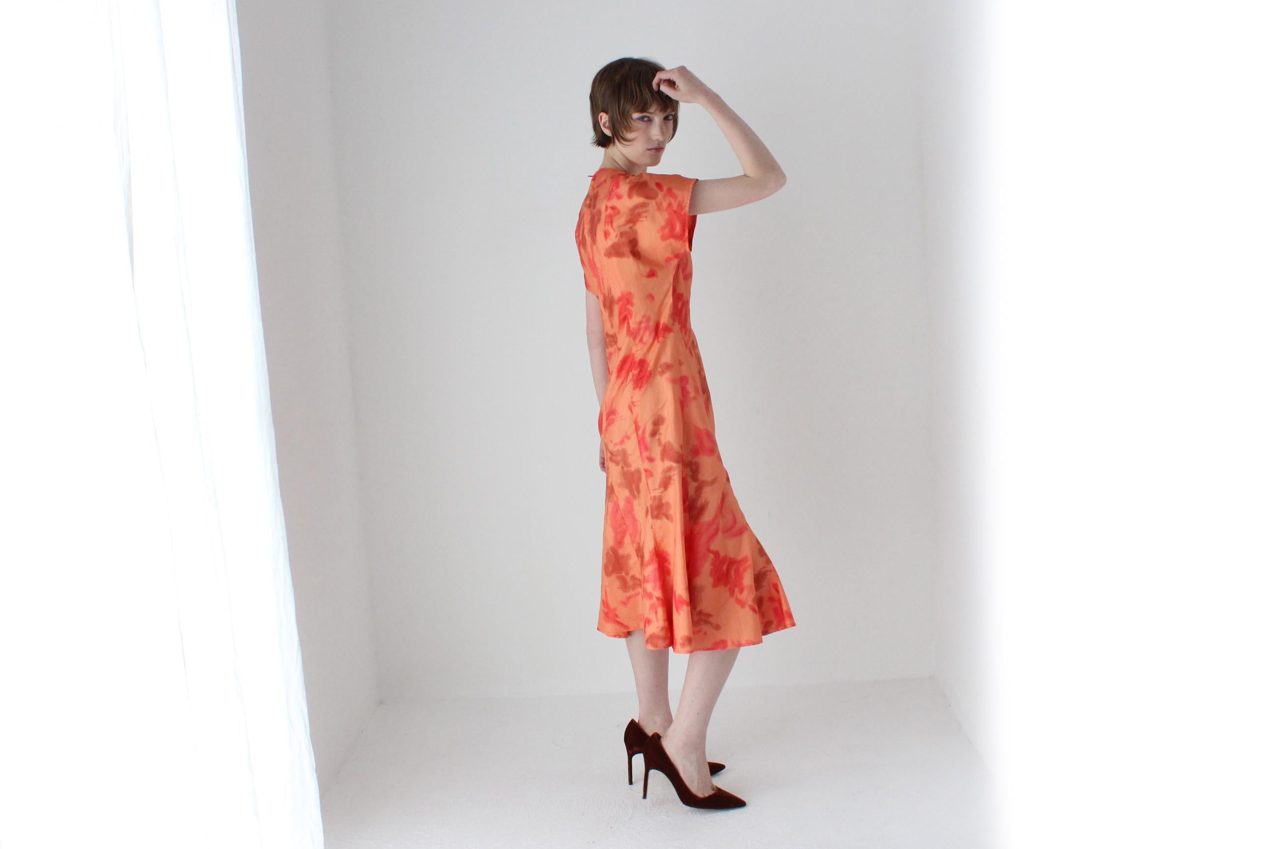 80s Mottled Orange Taffeta V Neck Party Dress