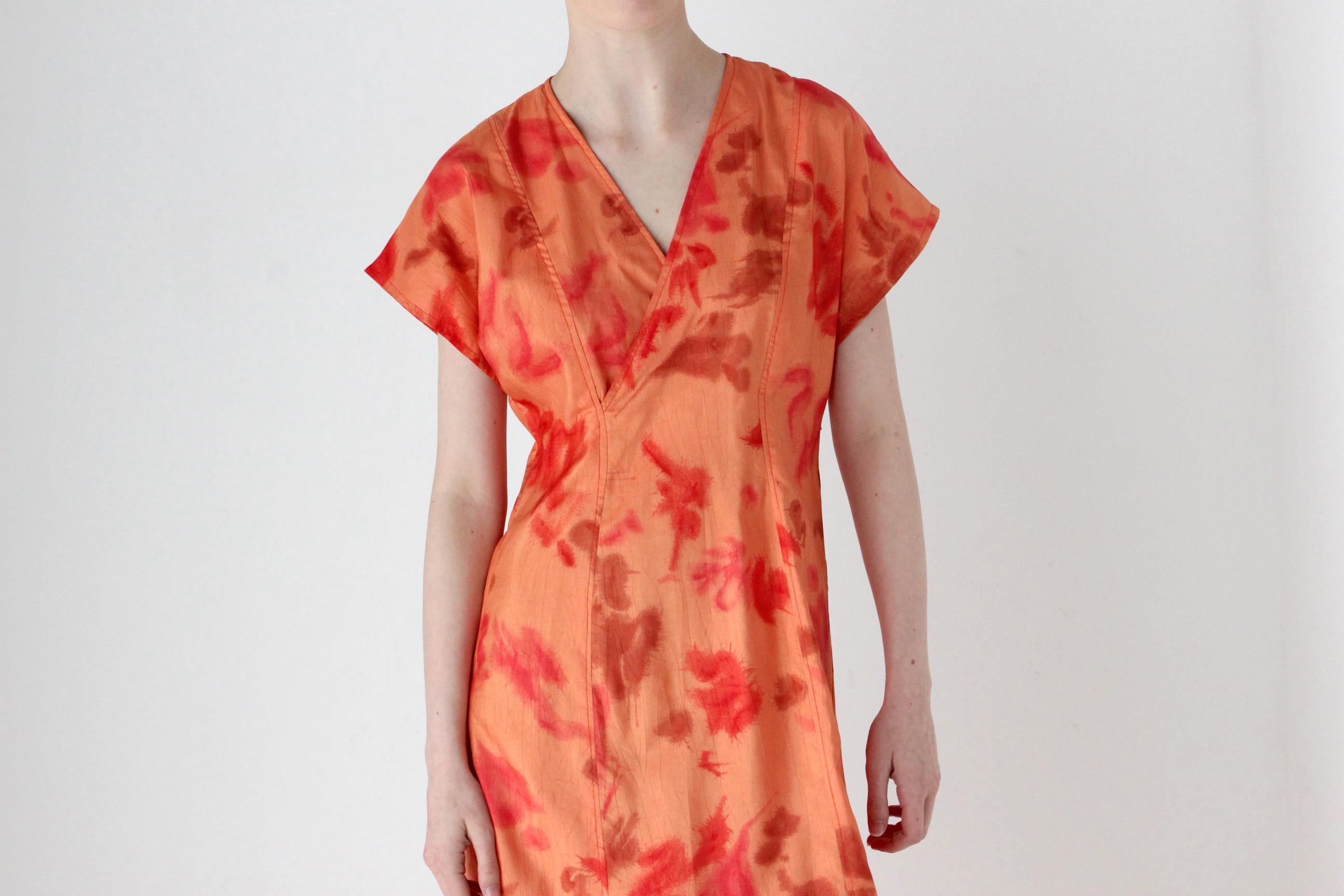 80s Mottled Orange Taffeta V Neck Party Dress