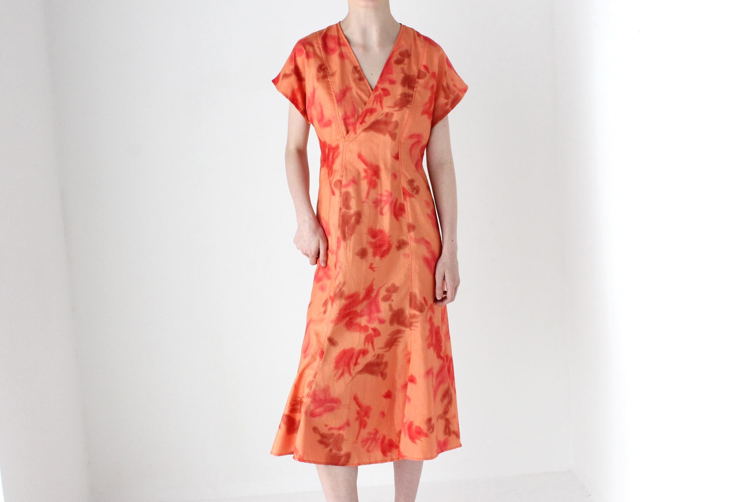 80s Mottled Orange Taffeta V Neck Party Dress