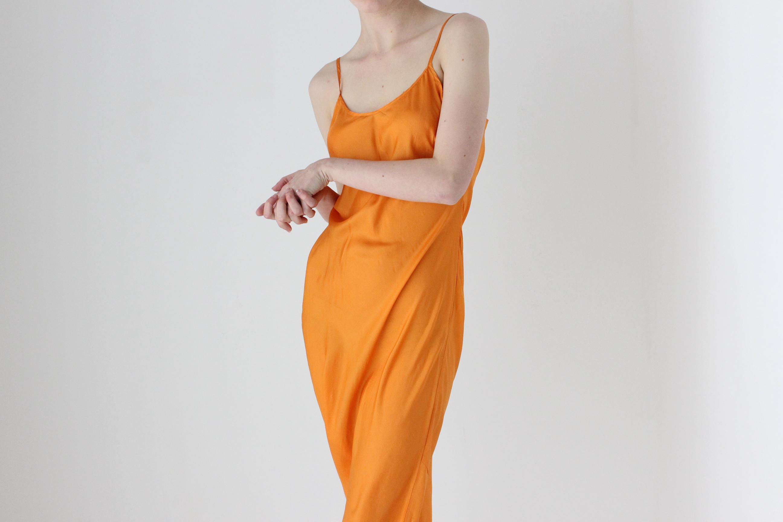 90s Pure Silk Bias Cut Spaghetti Strap Slip Dress in Mandarin