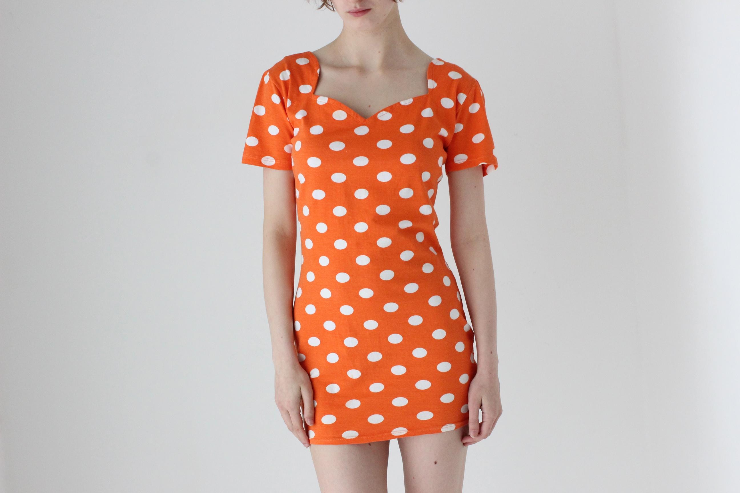 80s Orange Polka Dot Stretch Cotton Mini