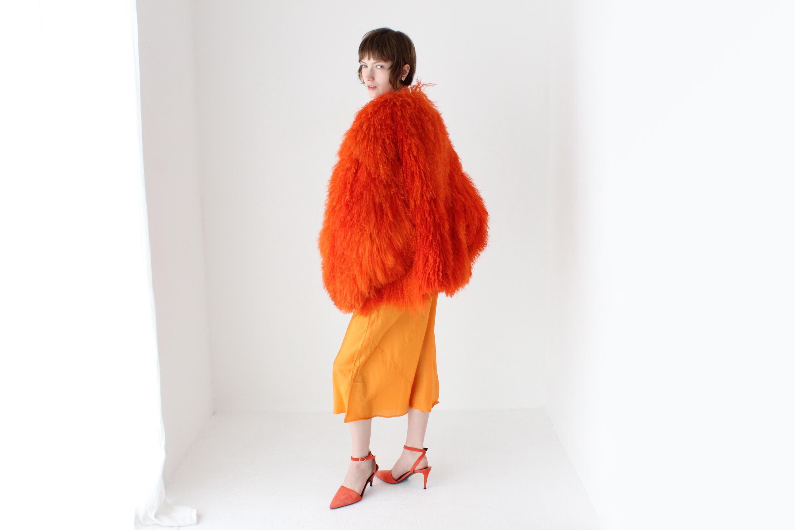 Wild 1970s Genuine Mongolian Lambswool Orange Shag Coat