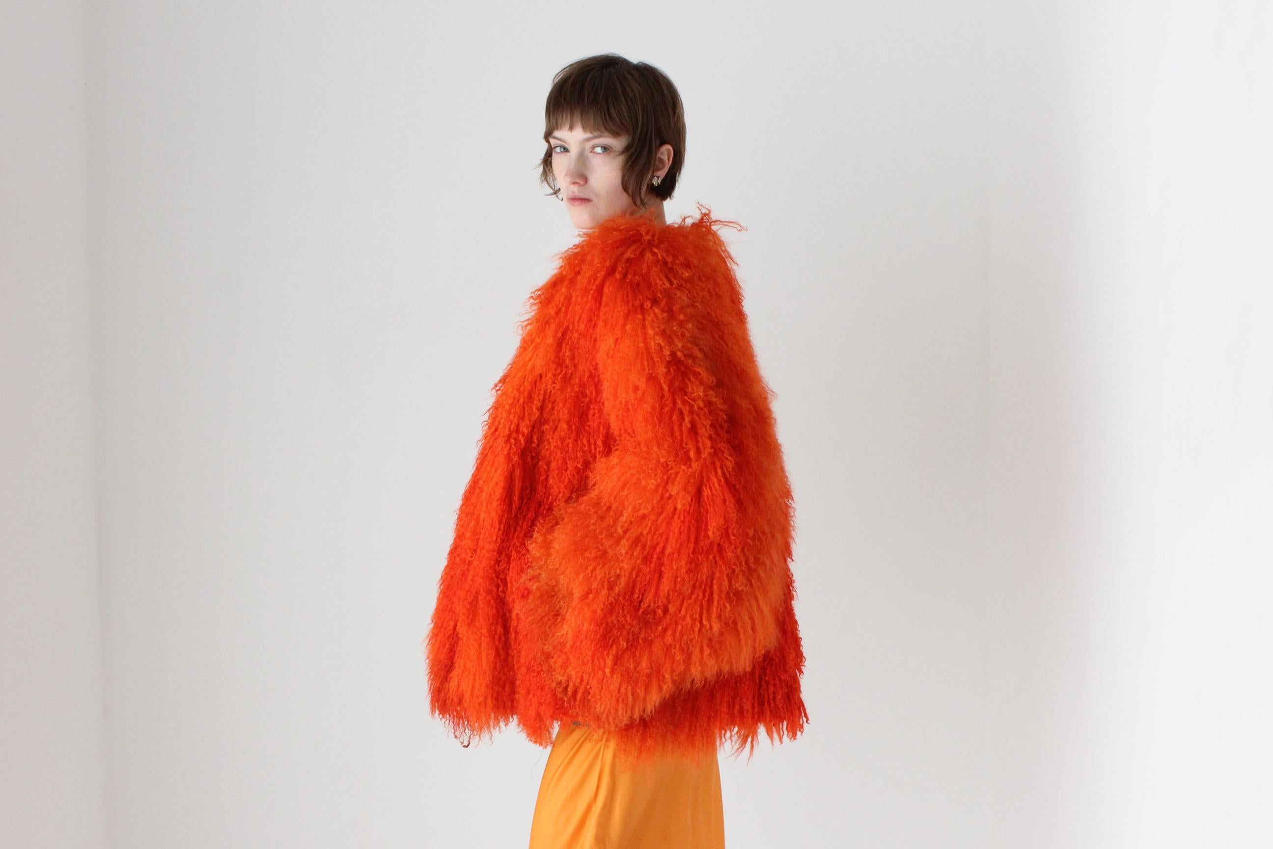 Wild 1970s Genuine Mongolian Lambswool Orange Shag Coat