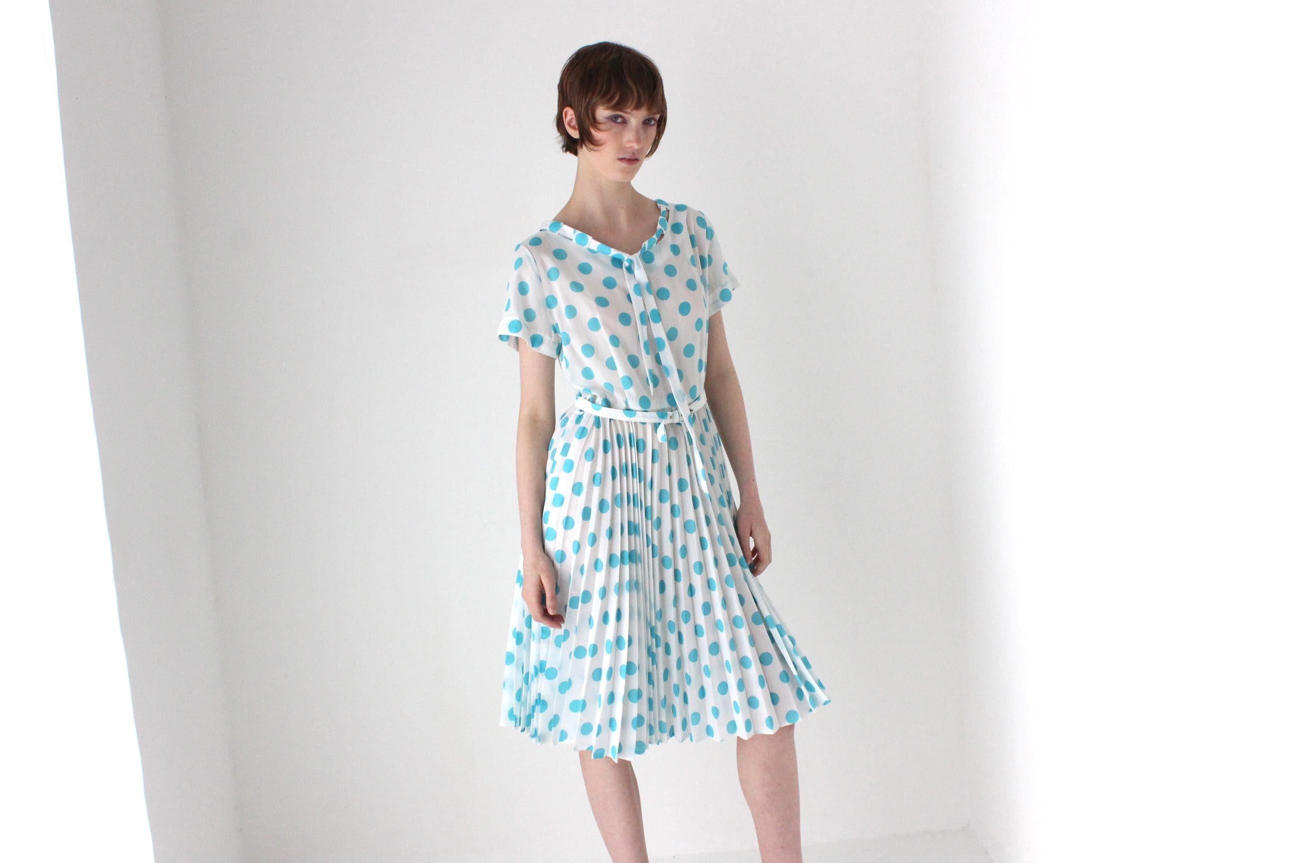 1950s Pleated Polka Dot Garden Party Dress