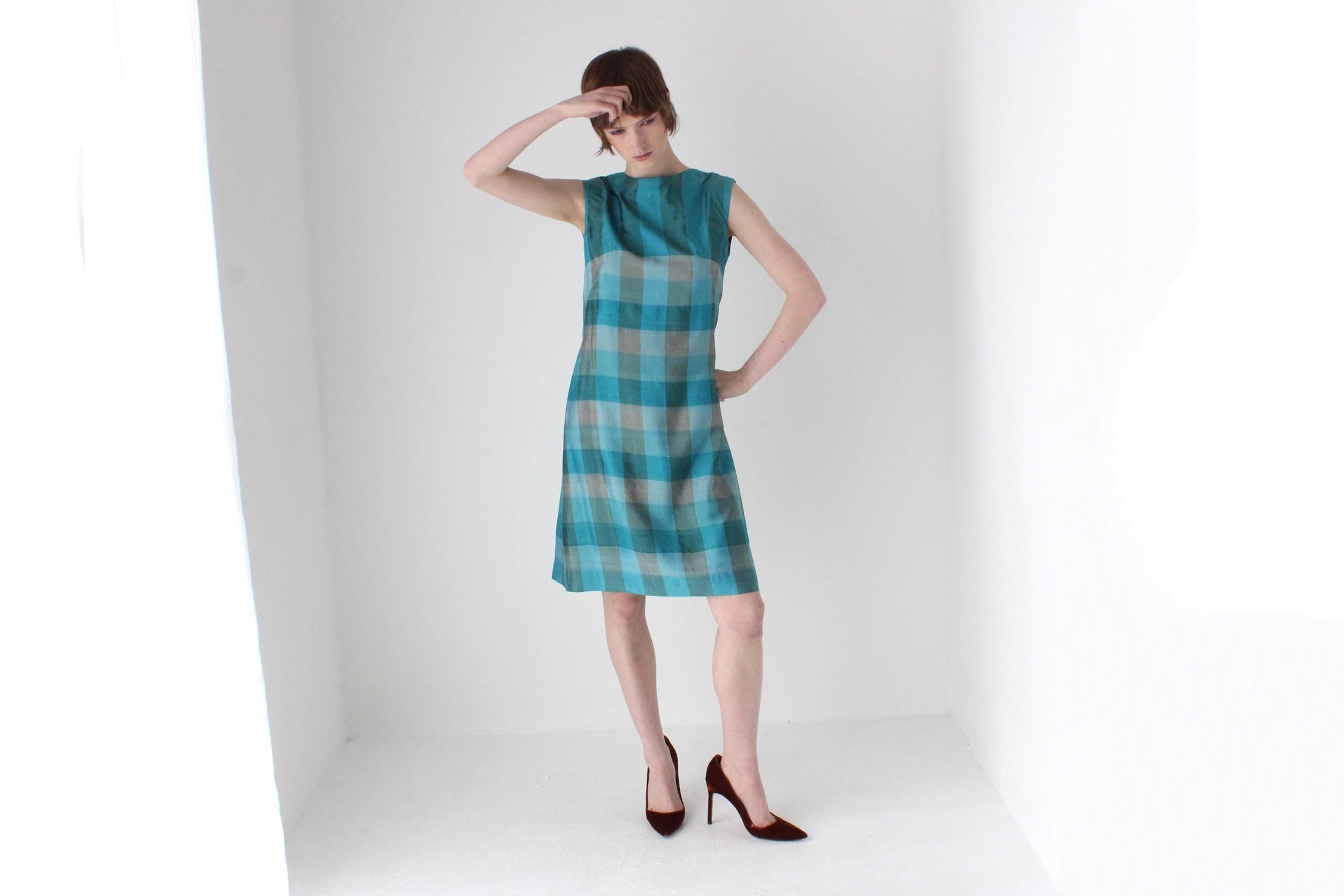 70s Woven Silk Sleeveless Checked Shift Dress