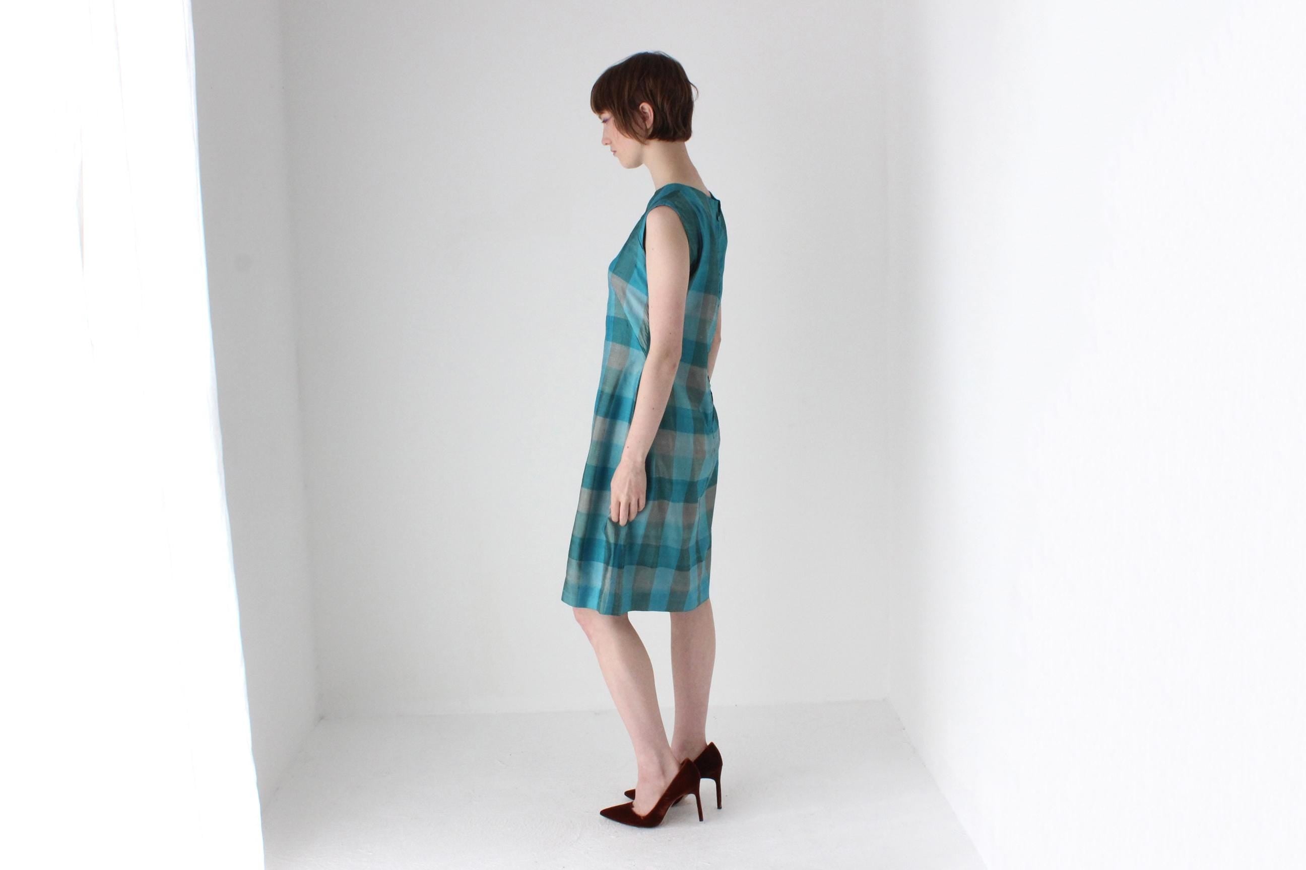 70s Woven Silk Sleeveless Checked Shift Dress