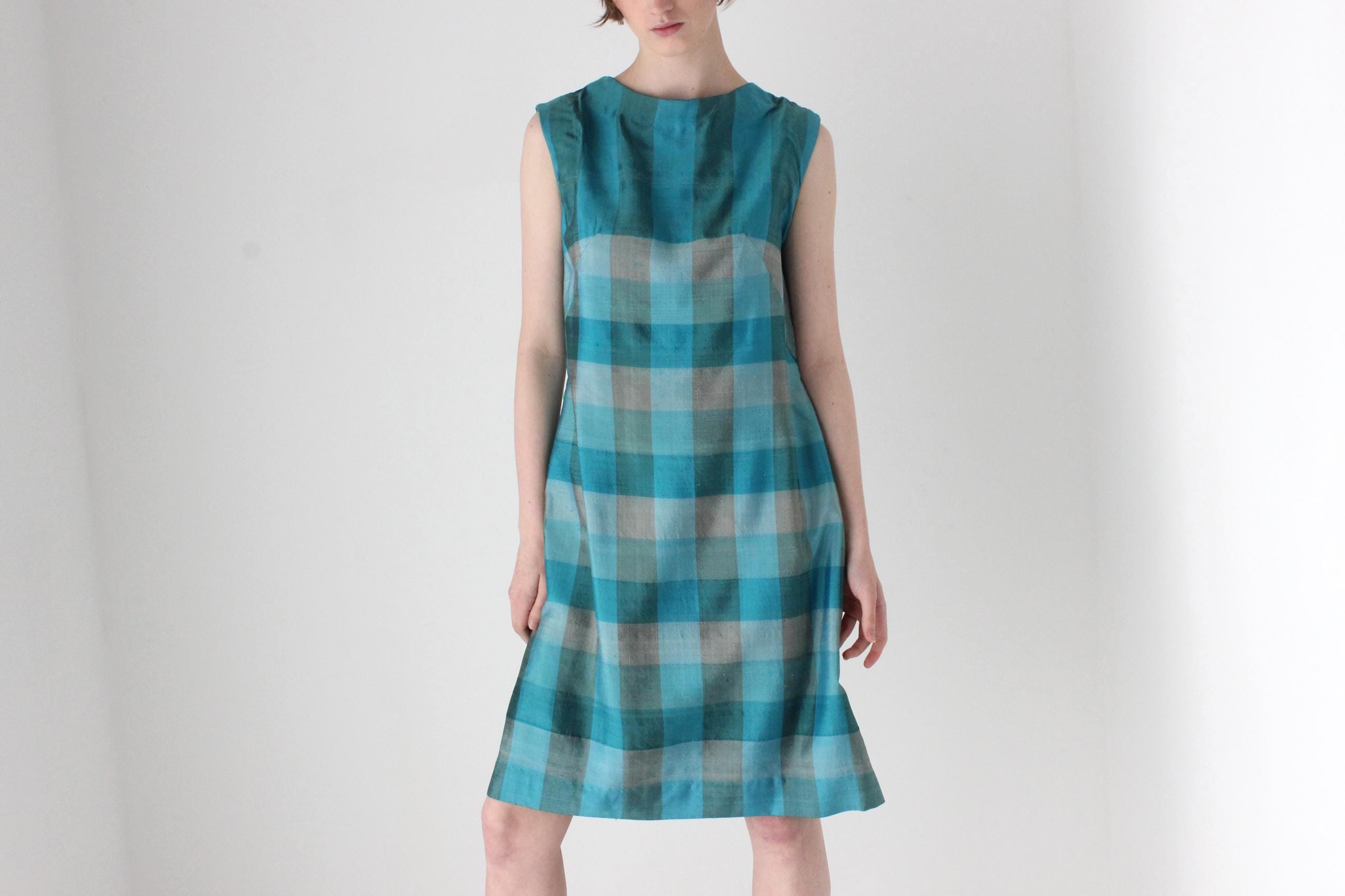 70s Woven Silk Sleeveless Checked Shift Dress