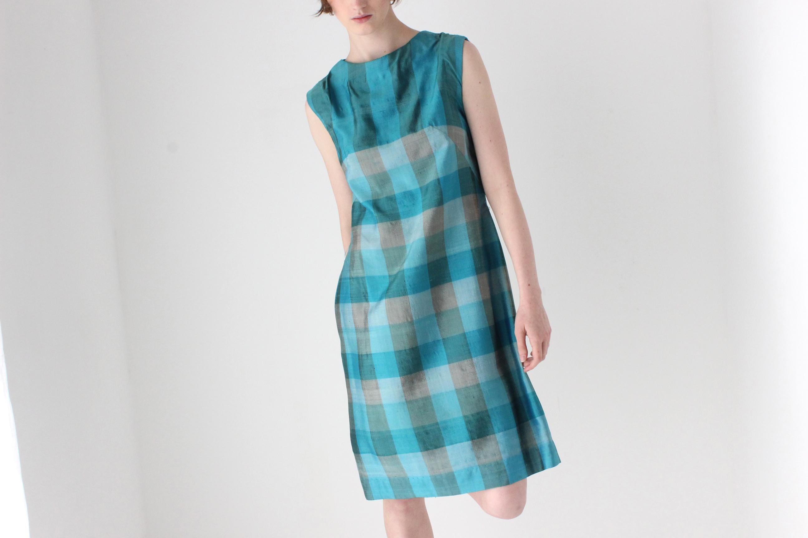 70s Woven Silk Sleeveless Checked Shift Dress