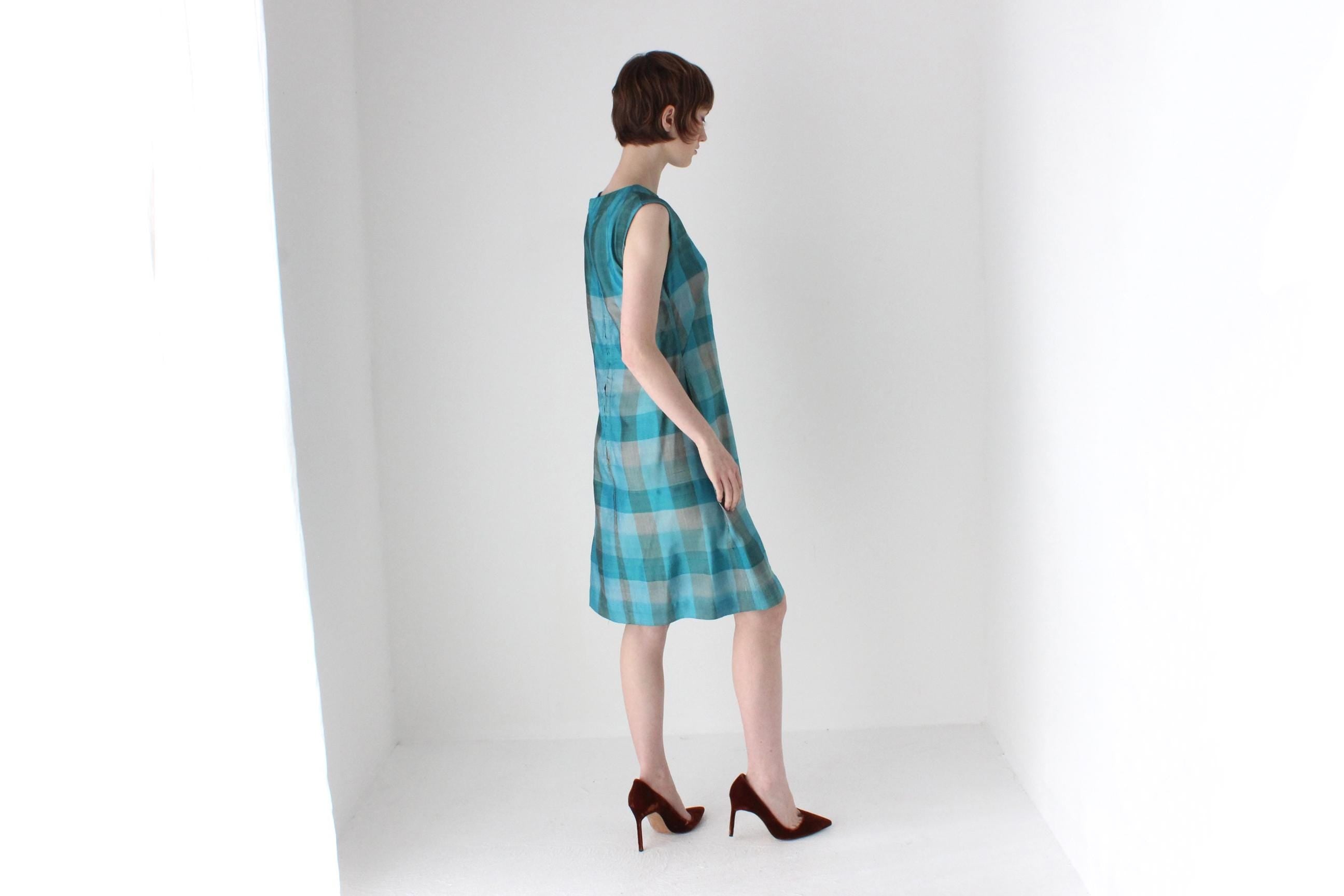 70s Woven Silk Sleeveless Checked Shift Dress