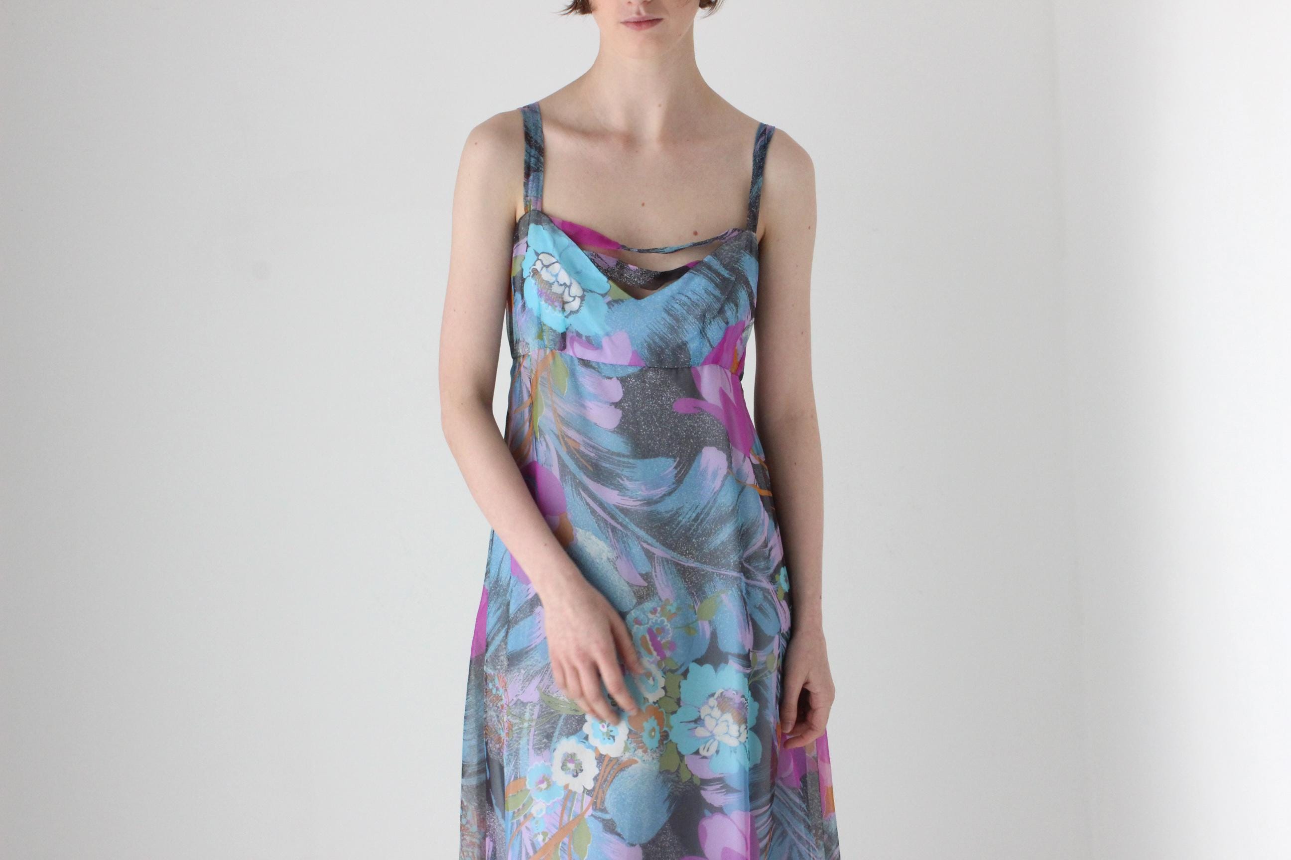 Whimsical Handmade 70s Pastel Floral Maxi Dress