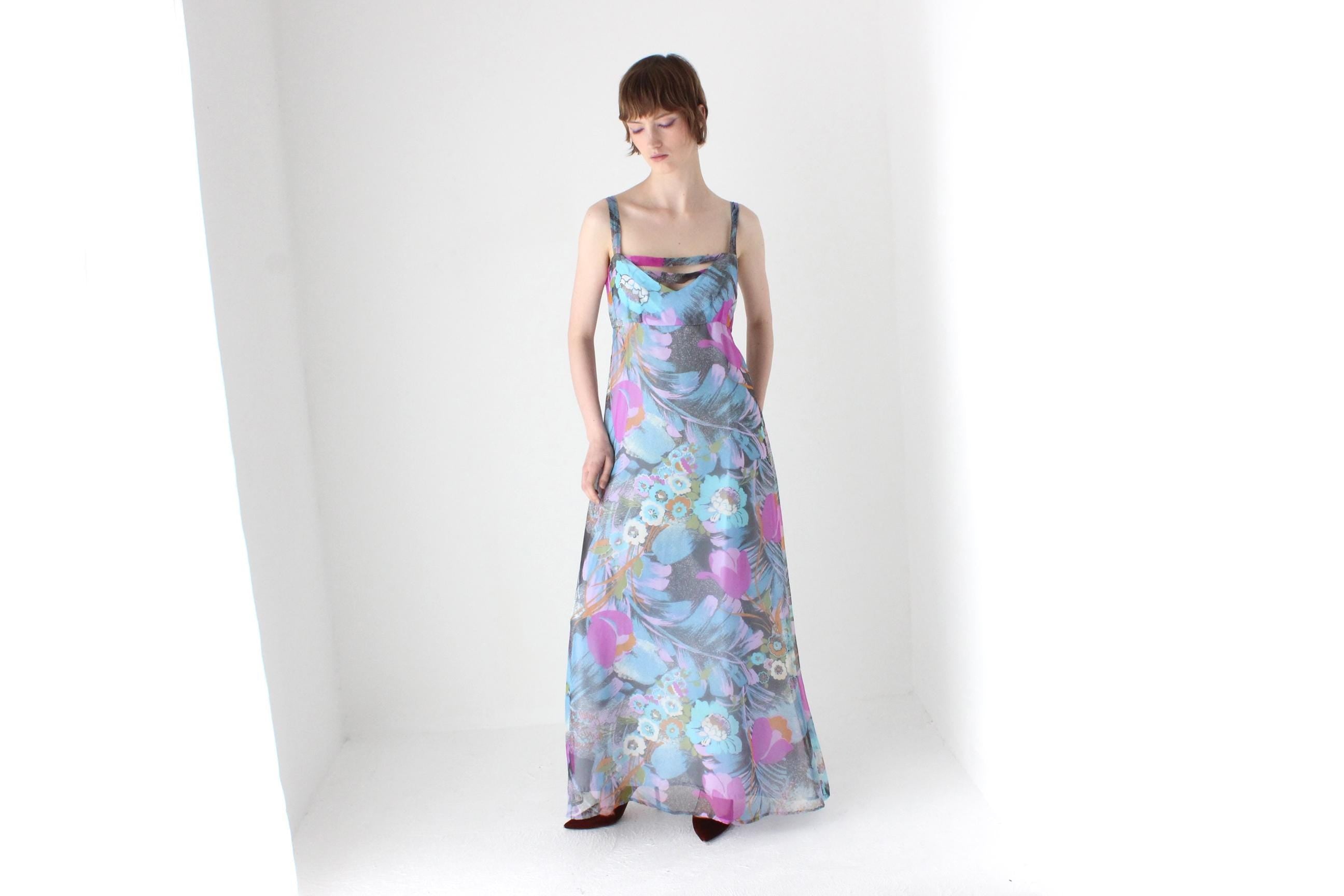 Whimsical Handmade 70s Pastel Floral Maxi Dress