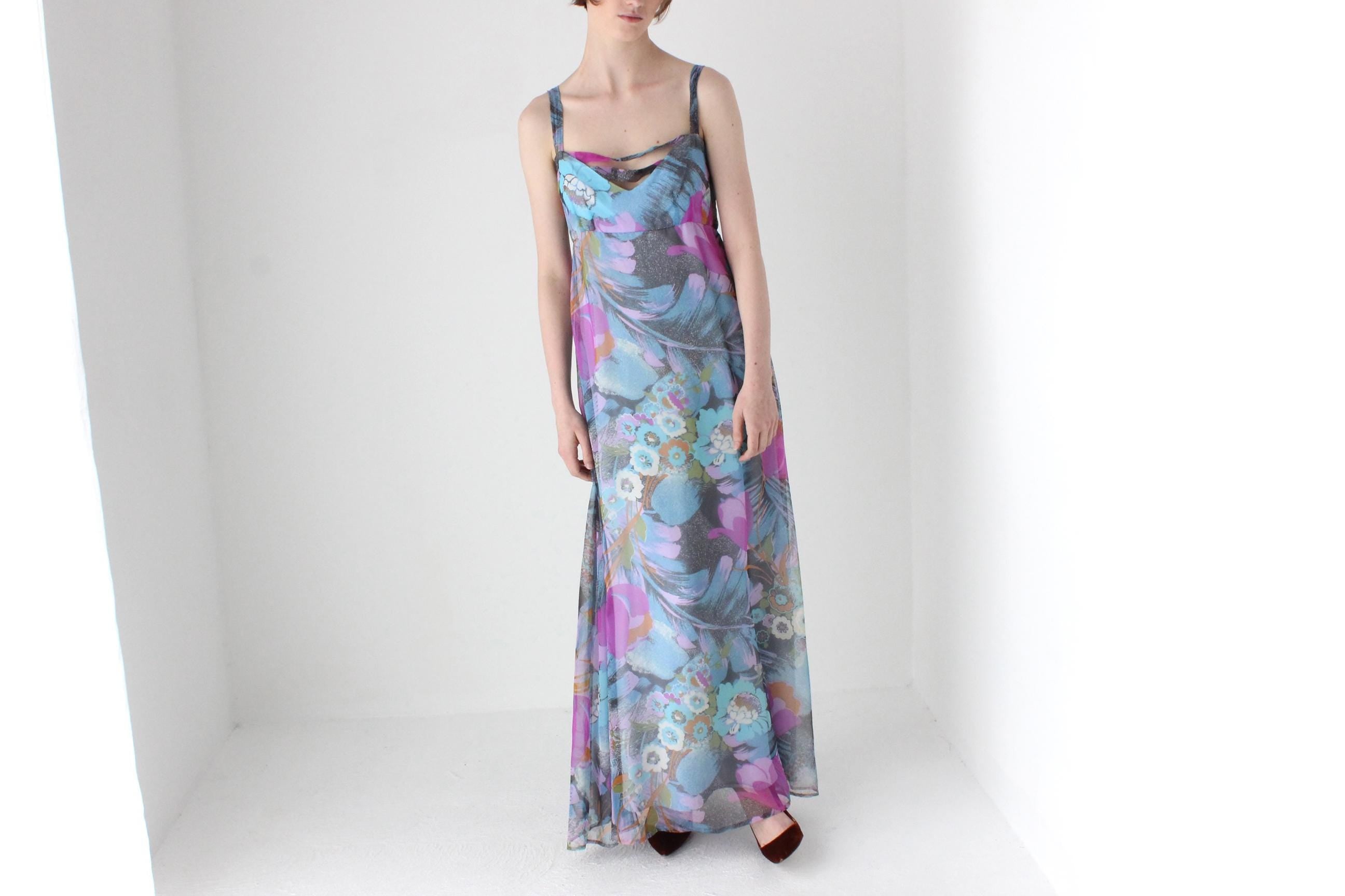 Whimsical Handmade 70s Pastel Floral Maxi Dress