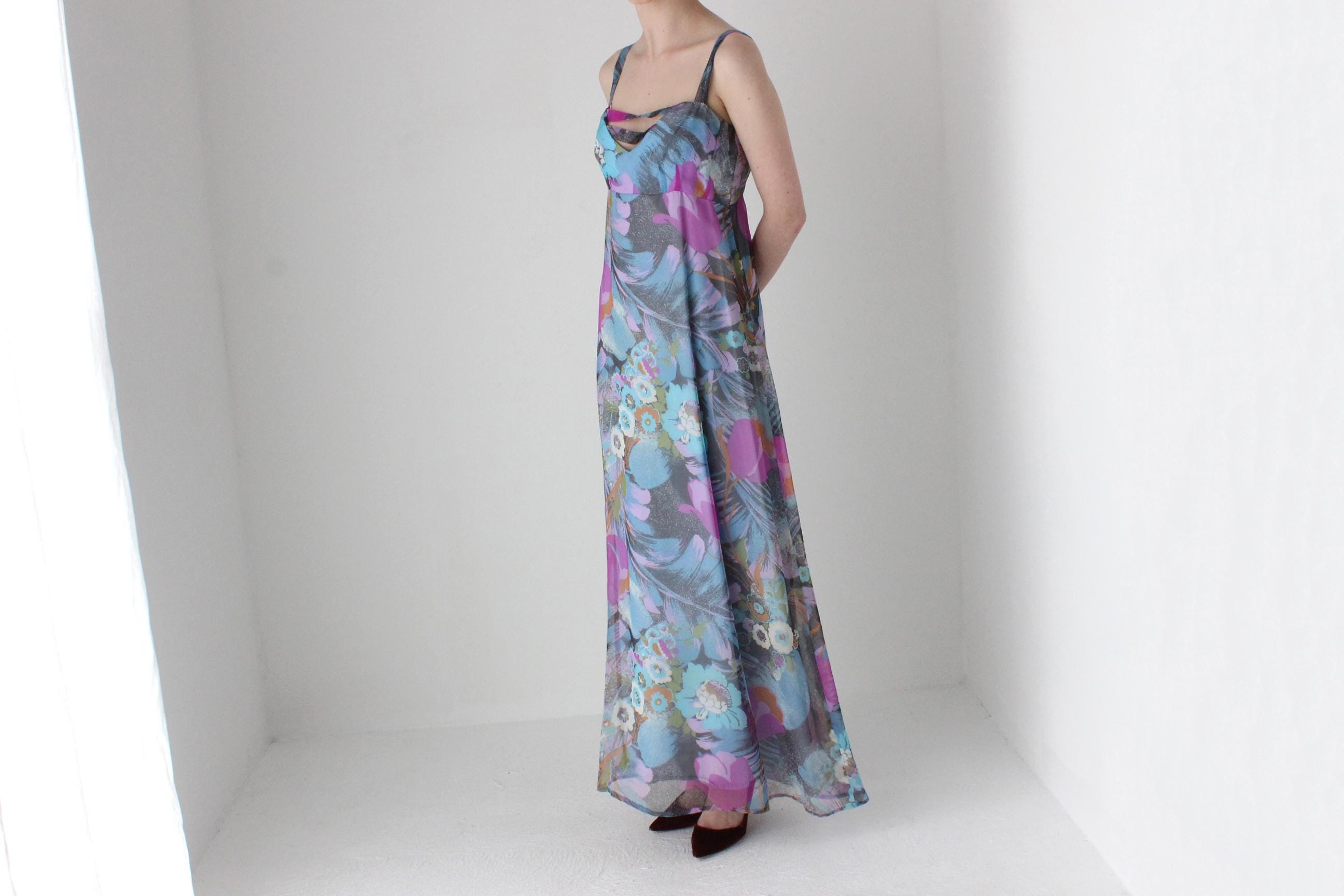 Whimsical Handmade 70s Pastel Floral Maxi Dress