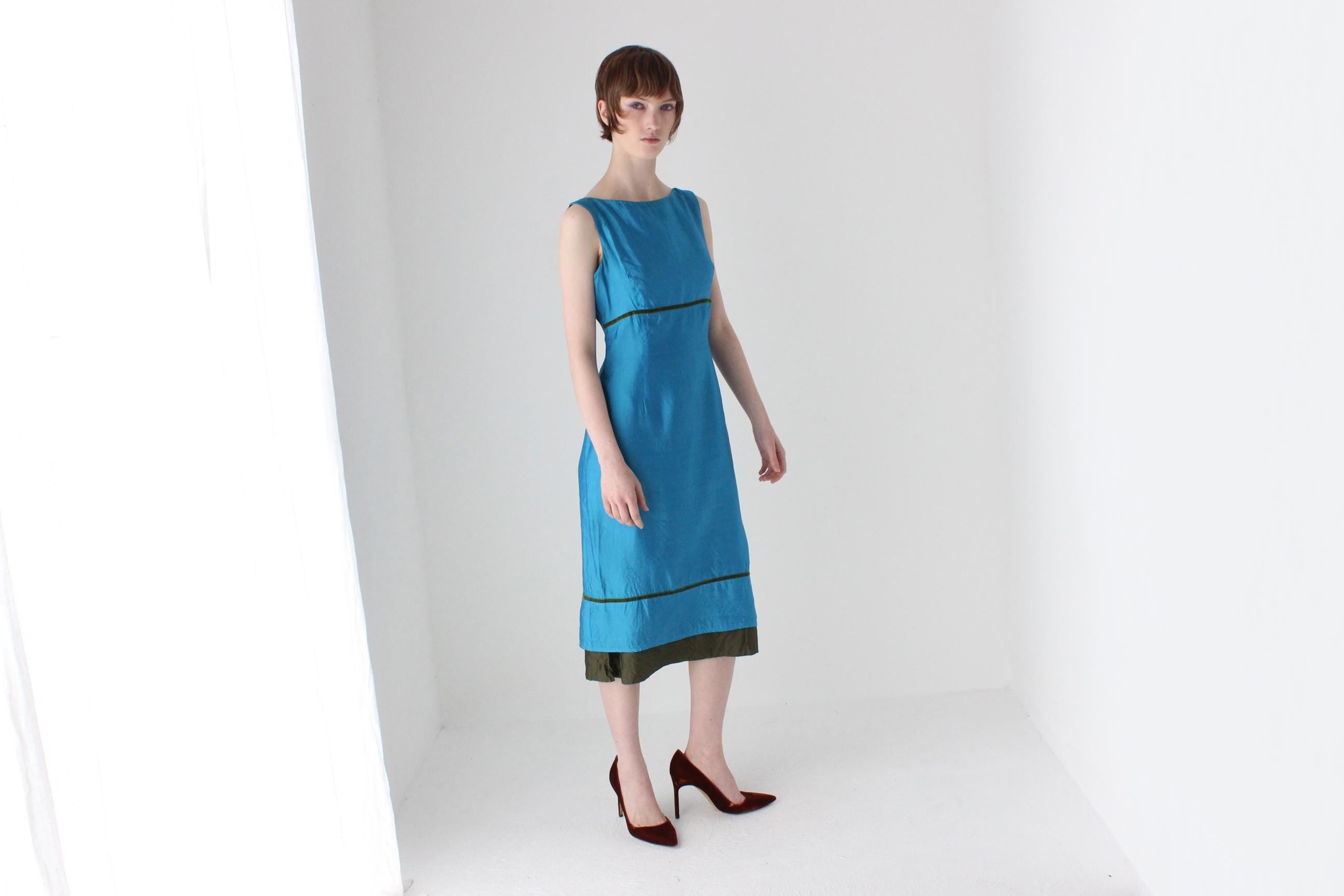 2000s Cerulean Silk High Neck Sheath Dress