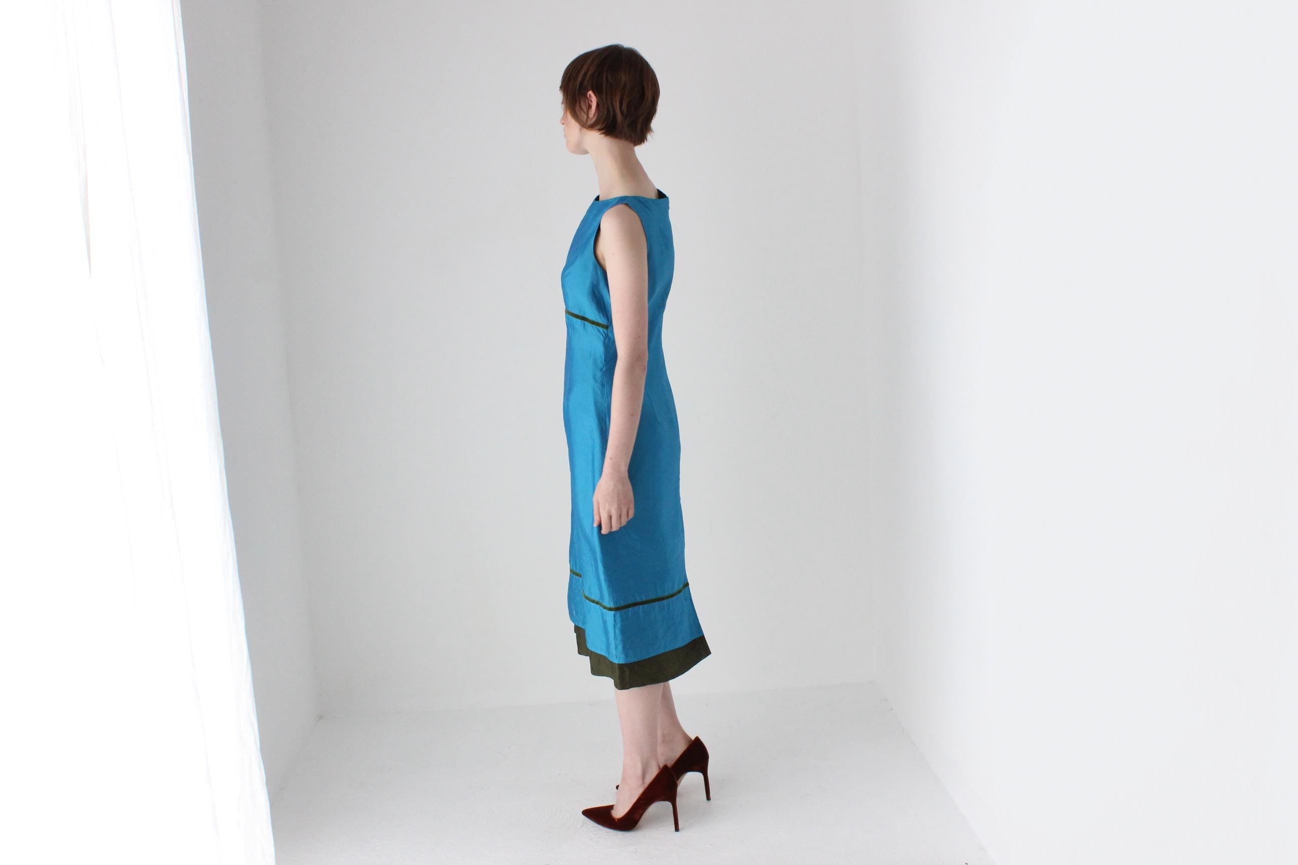 2000s Cerulean Silk High Neck Sheath Dress