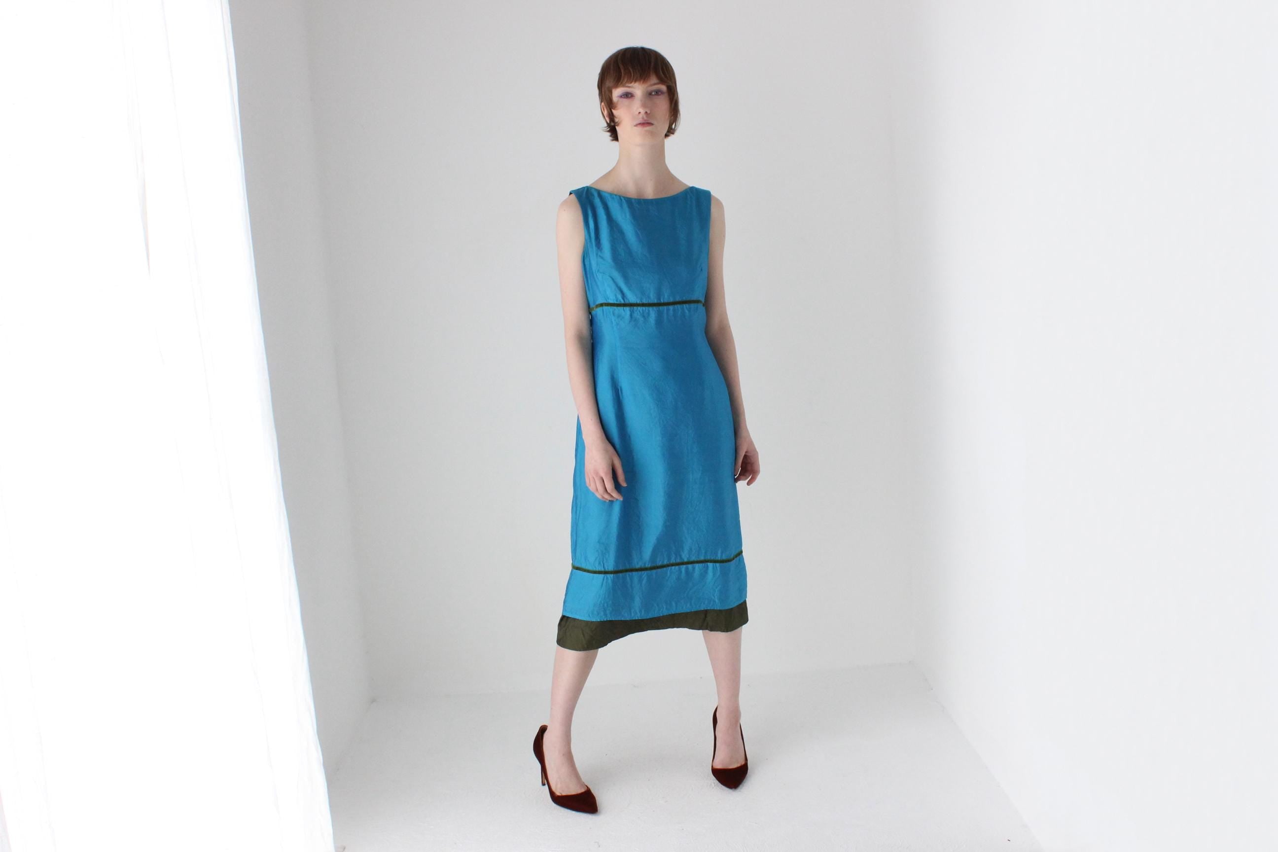 2000s Cerulean Silk High Neck Sheath Dress