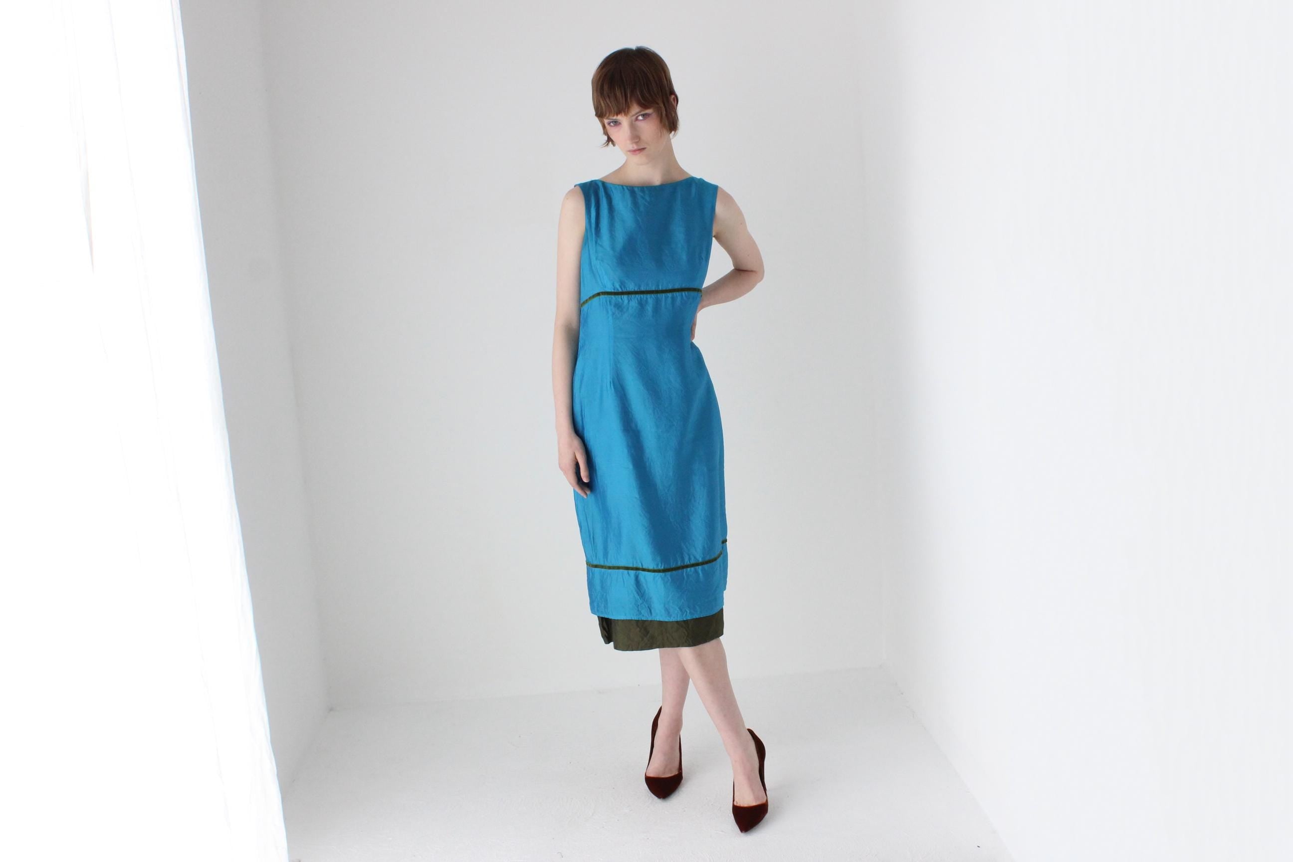 2000s Cerulean Silk High Neck Sheath Dress