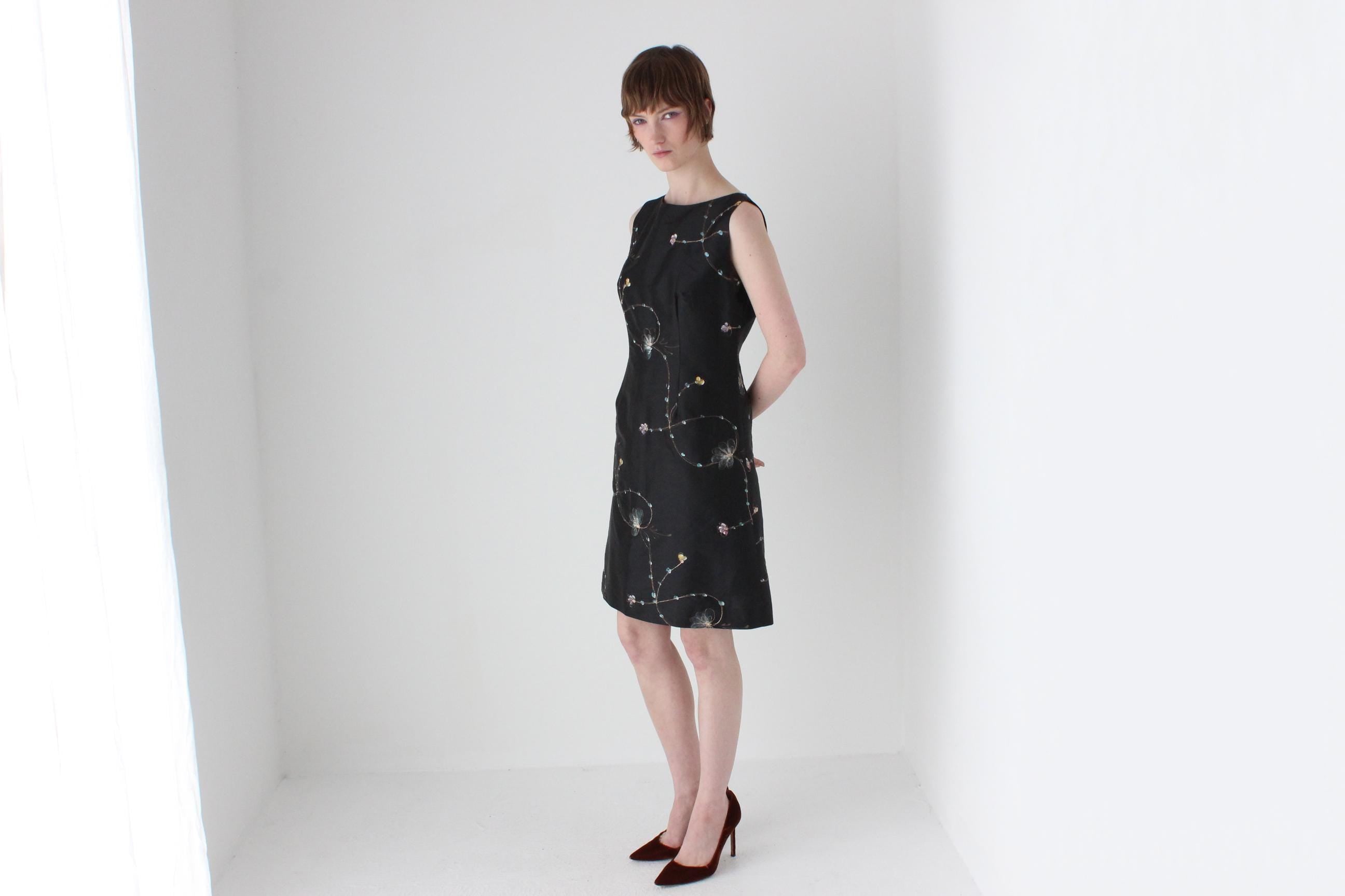 90s Hand Painted & Embroidered Silk Taffeta Dress