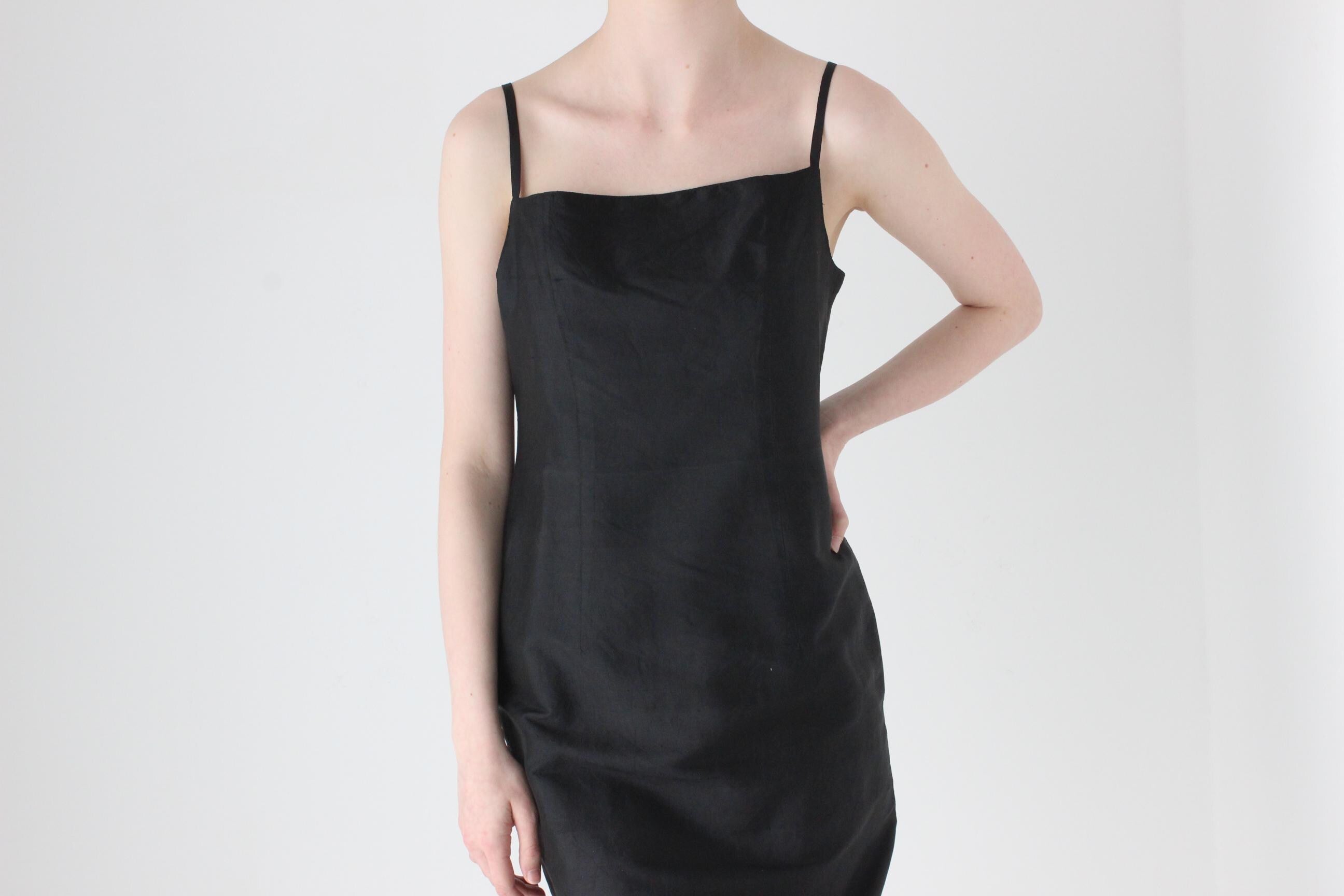 90s Pure Silk Minimal + Chic Straight Neck Black Sheath Dress