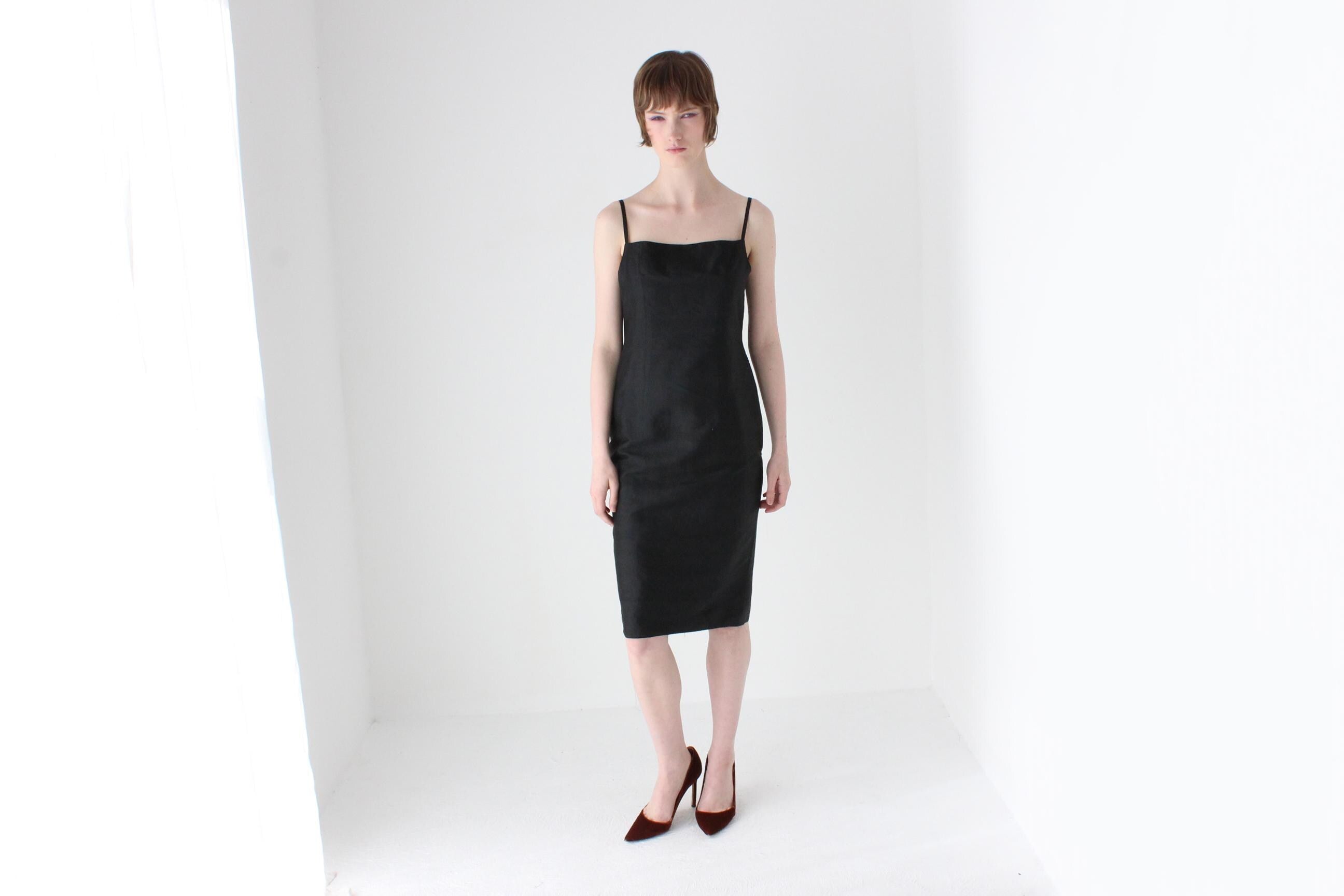 90s Pure Silk Minimal + Chic Straight Neck Black Sheath Dress