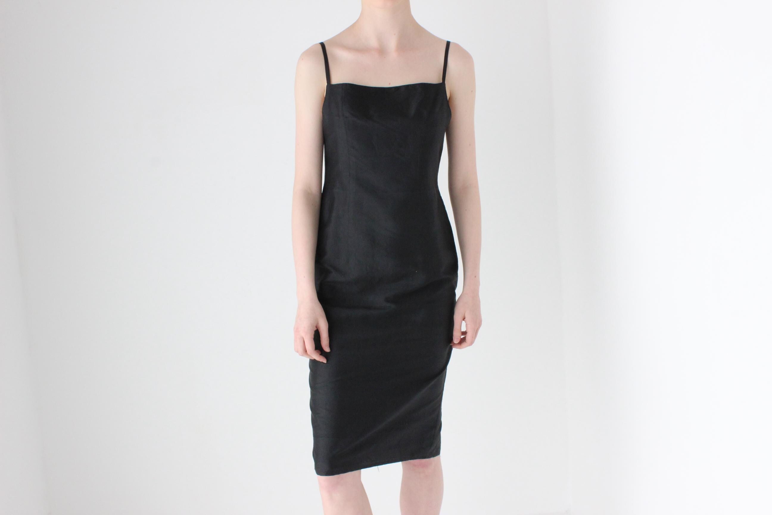 90s Pure Silk Minimal + Chic Straight Neck Black Sheath Dress