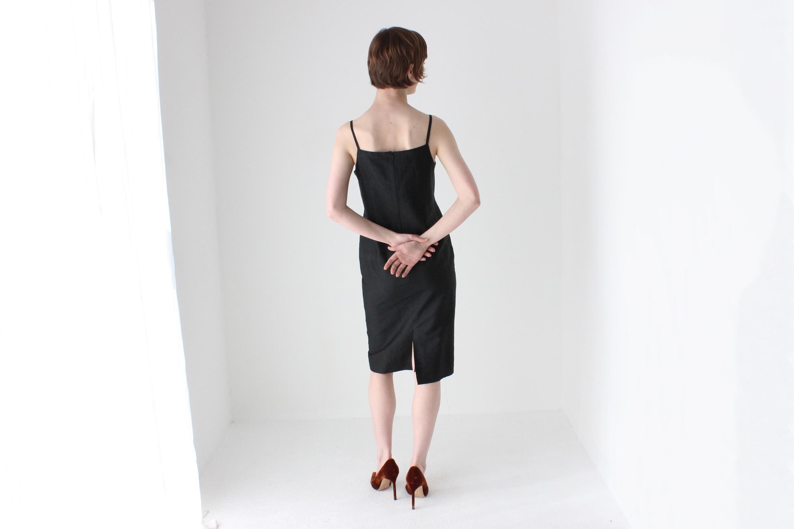 90s Pure Silk Minimal + Chic Straight Neck Black Sheath Dress