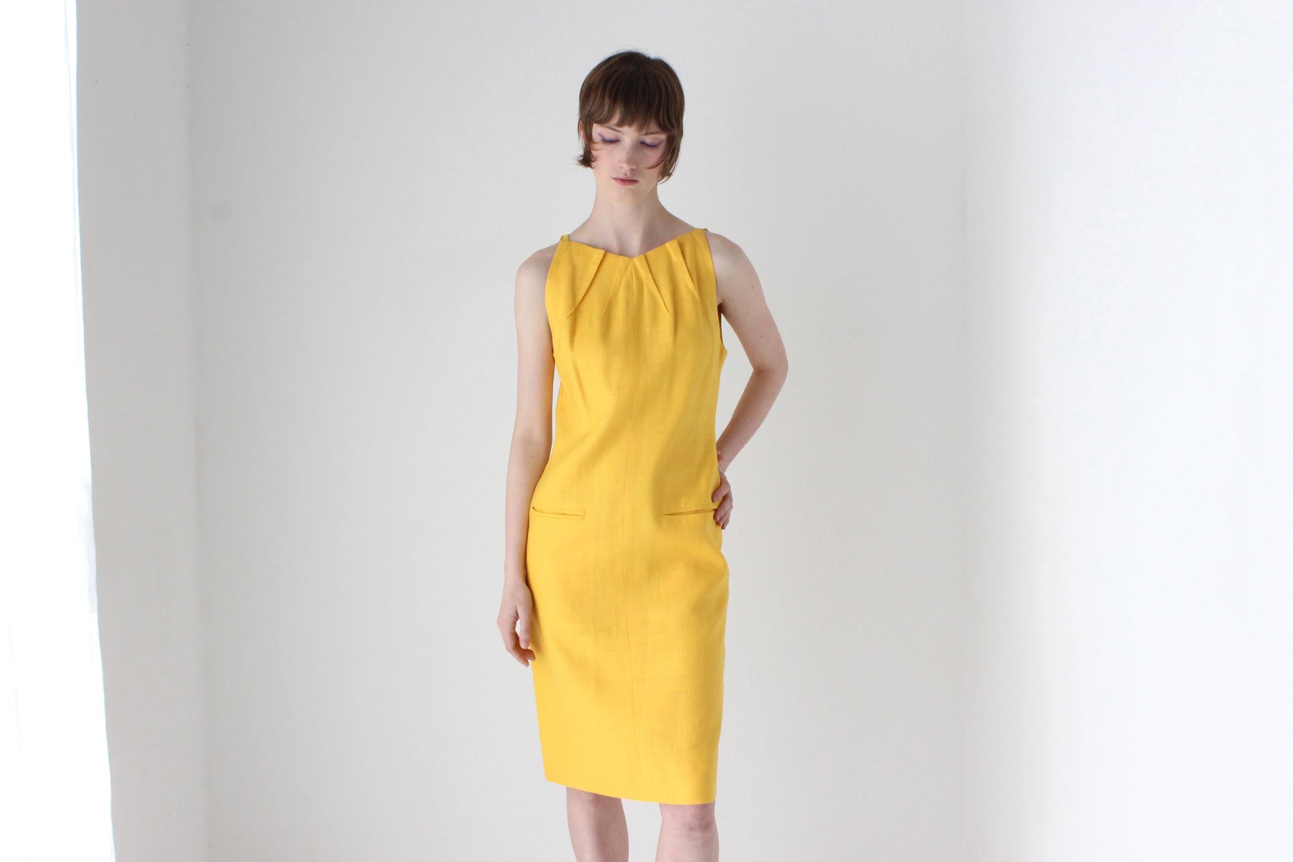 1980s BILL BLASS Sunflower Linen High Neck Cocktail Dress