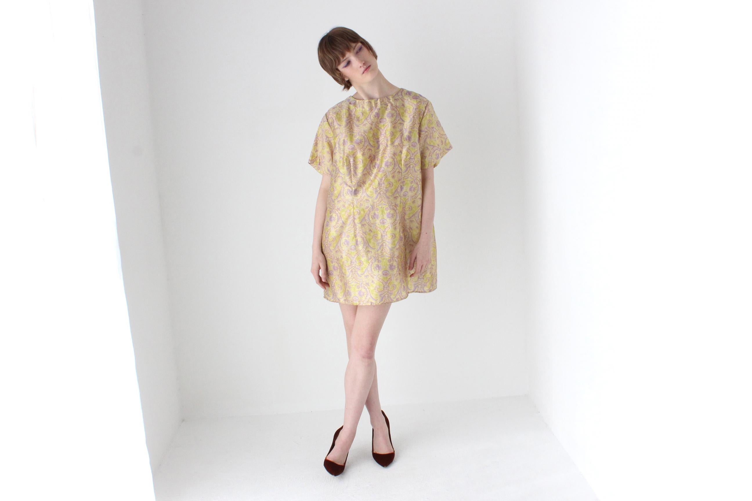 60s Printed Gold Glitter Lurex Mod Mini Party Dress