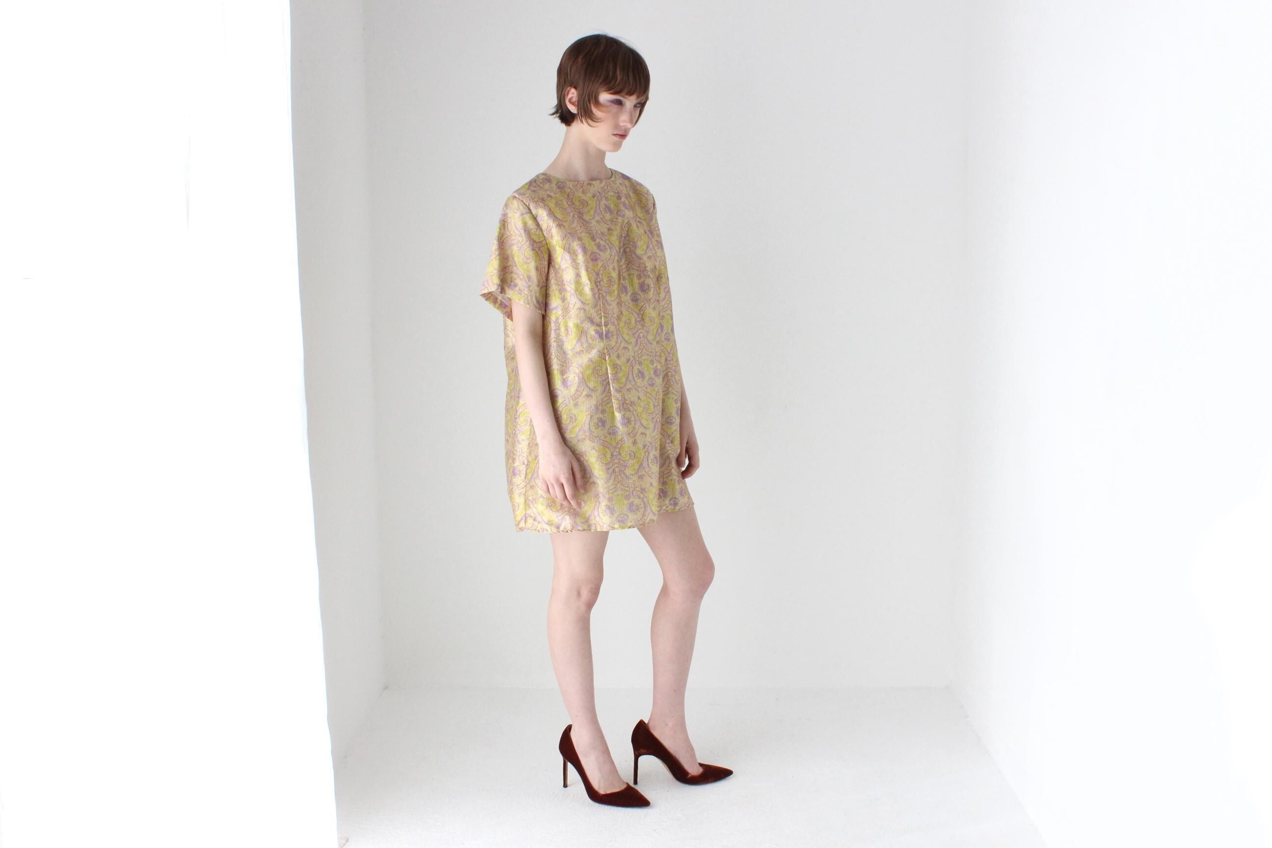 60s Printed Gold Glitter Lurex Mod Mini Party Dress