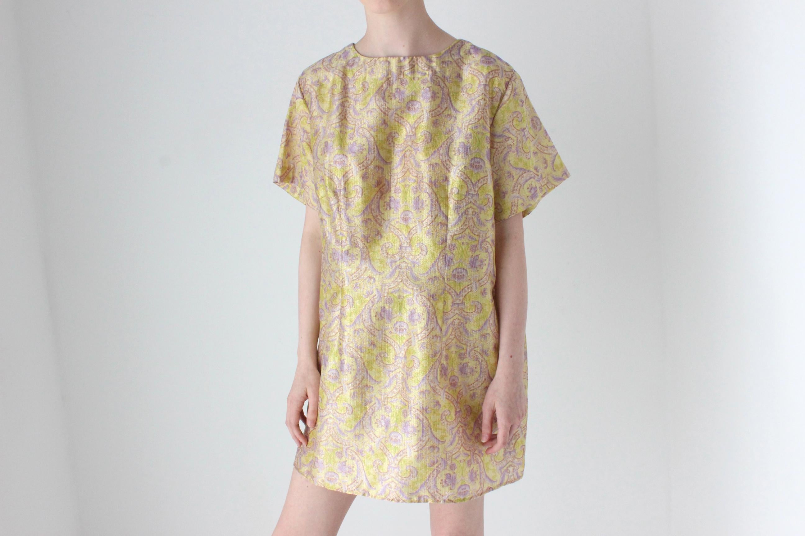 60s Printed Gold Glitter Lurex Mod Mini Party Dress