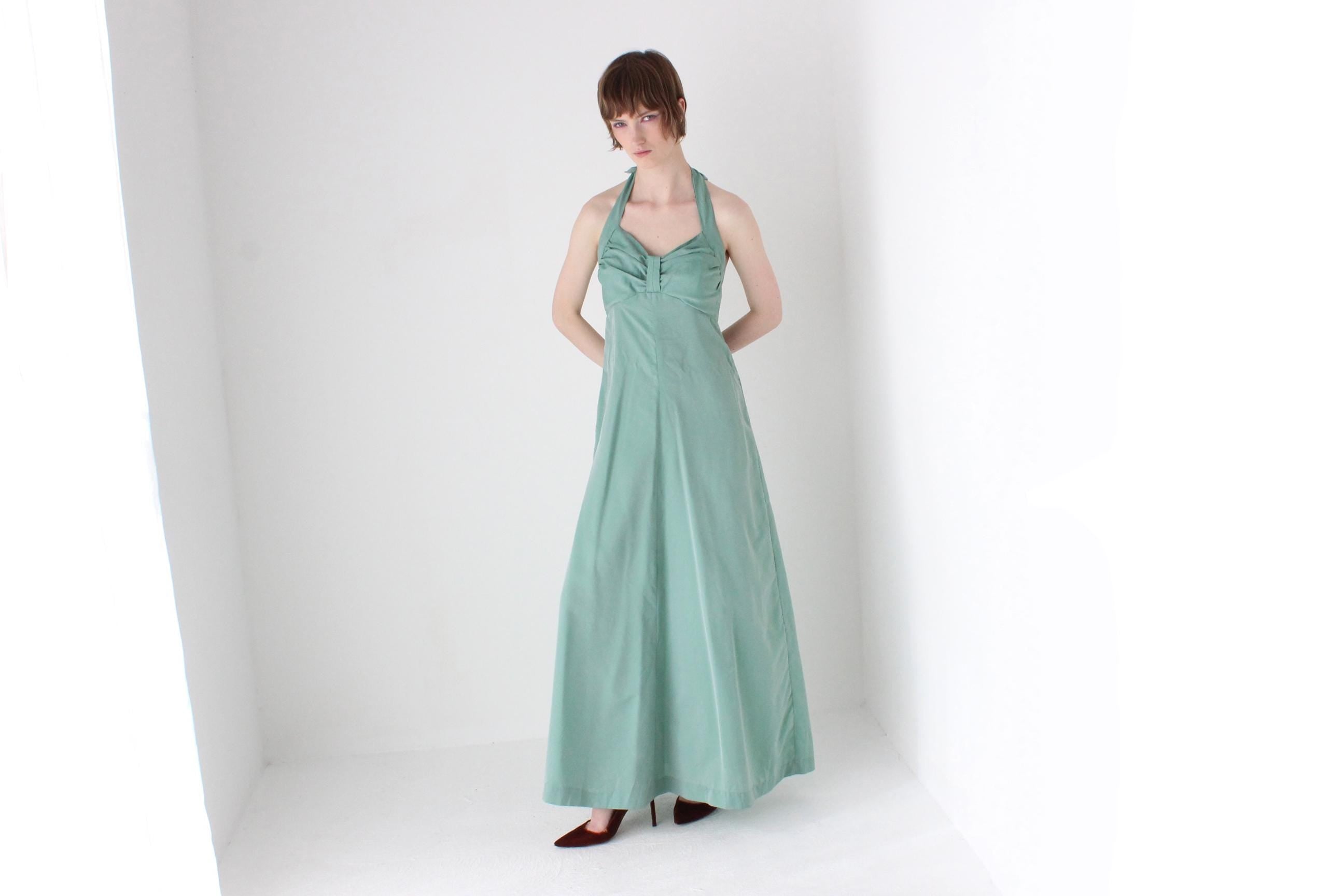 Sexy 70s Seafoam Green Halter Maxi Disco Dress