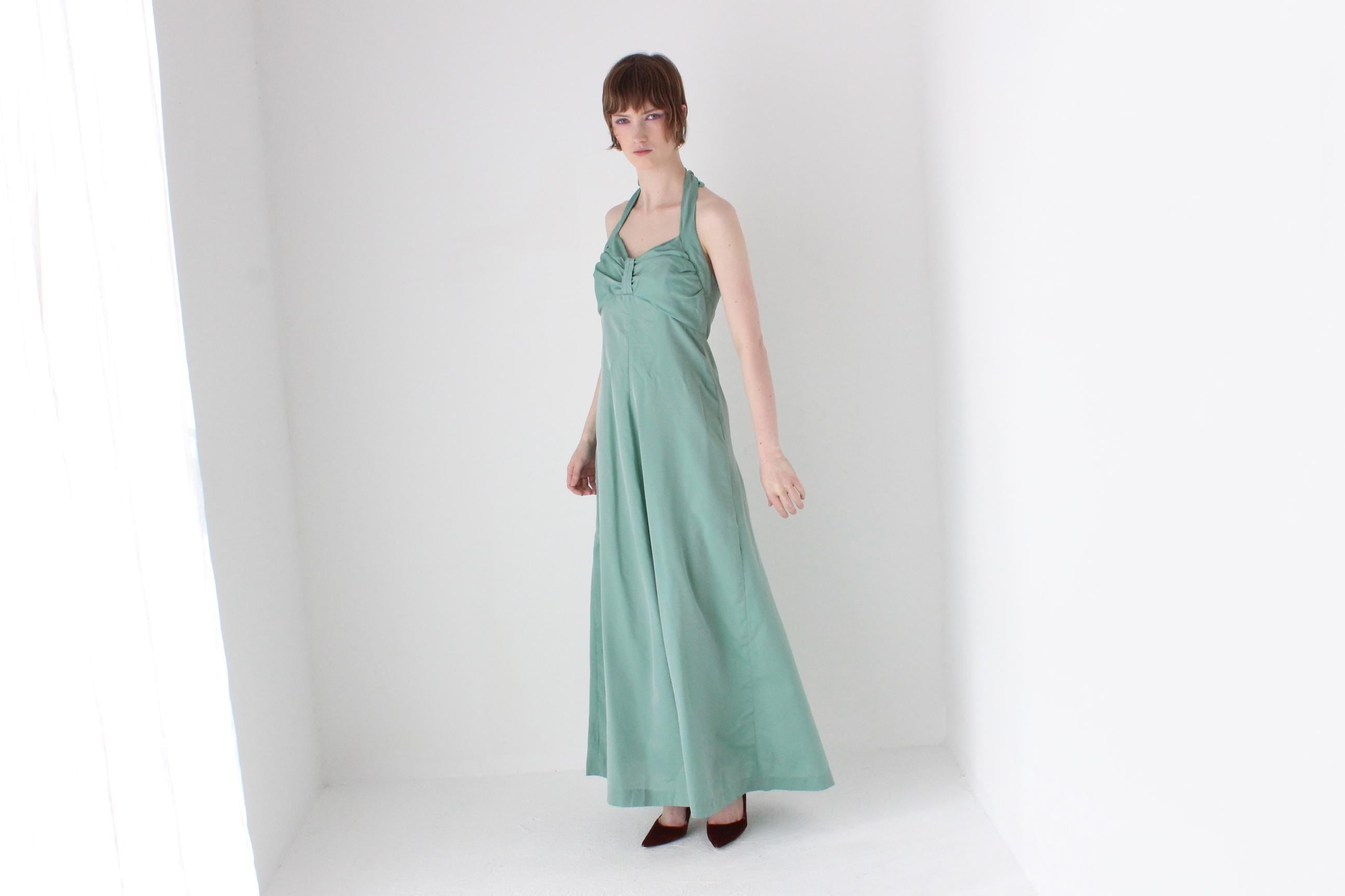 Sexy 70s Seafoam Green Halter Maxi Disco Dress