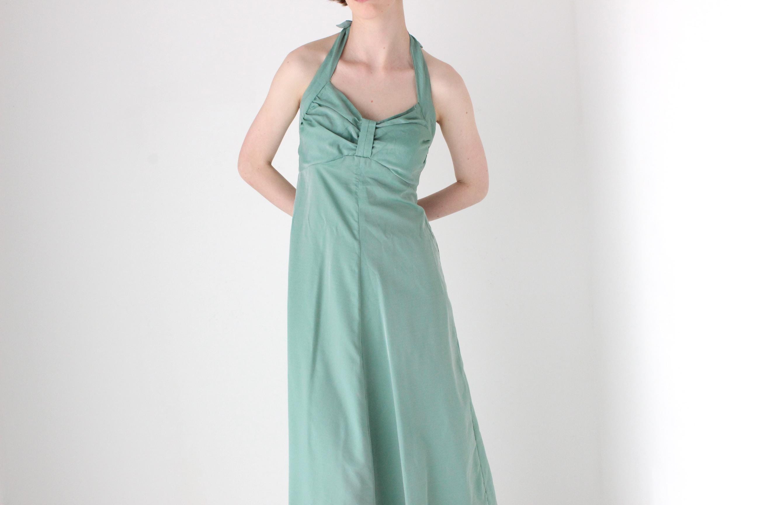 Sexy 70s Seafoam Green Halter Maxi Disco Dress